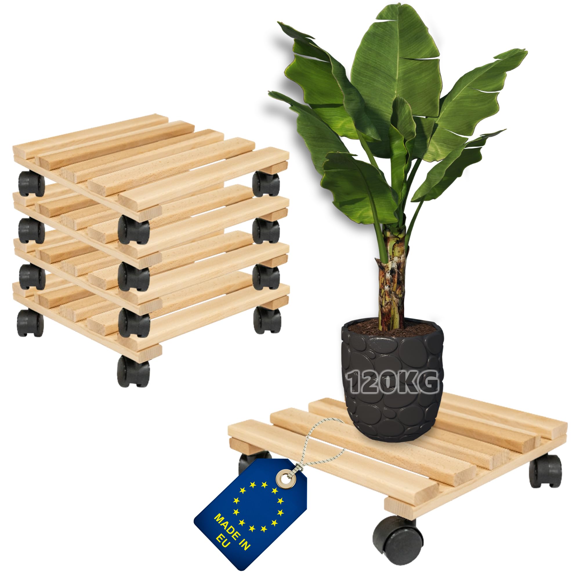 ITA Ensemble de 5 Supports Roulants pour Plantes Carrés 30x30 cm en Bois de Hêtre - Capacité de Charge 120 kg - Intérieur et Extérieur - Fabriqué en UE