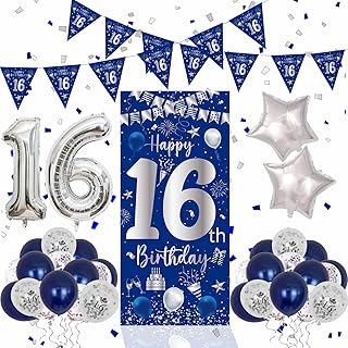 16th Birthday Decorations for Boys Girls, Blue Silver Happy 16th Birthday Decorations Door Banner 32