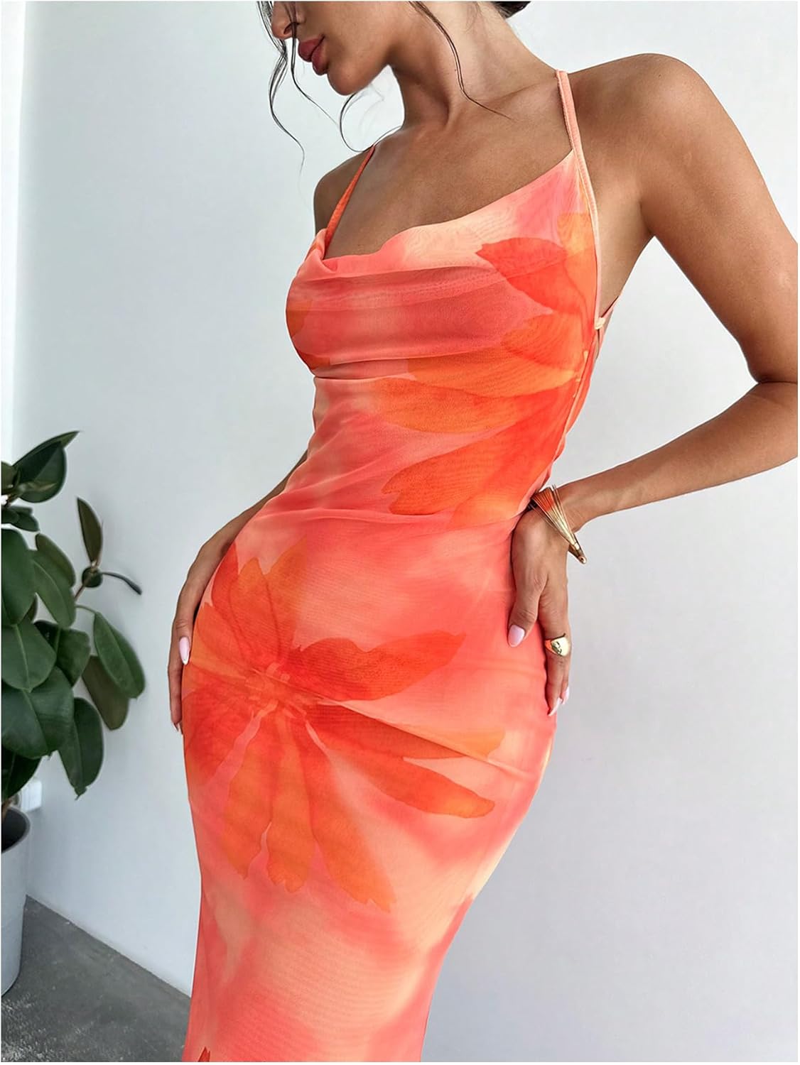 GORGLITTER Women's Floral Mesh Open Back Fishtail Maxi Dresses Summer Vacation Birthday Wedding Guest Dinner Long Dress - Image 3