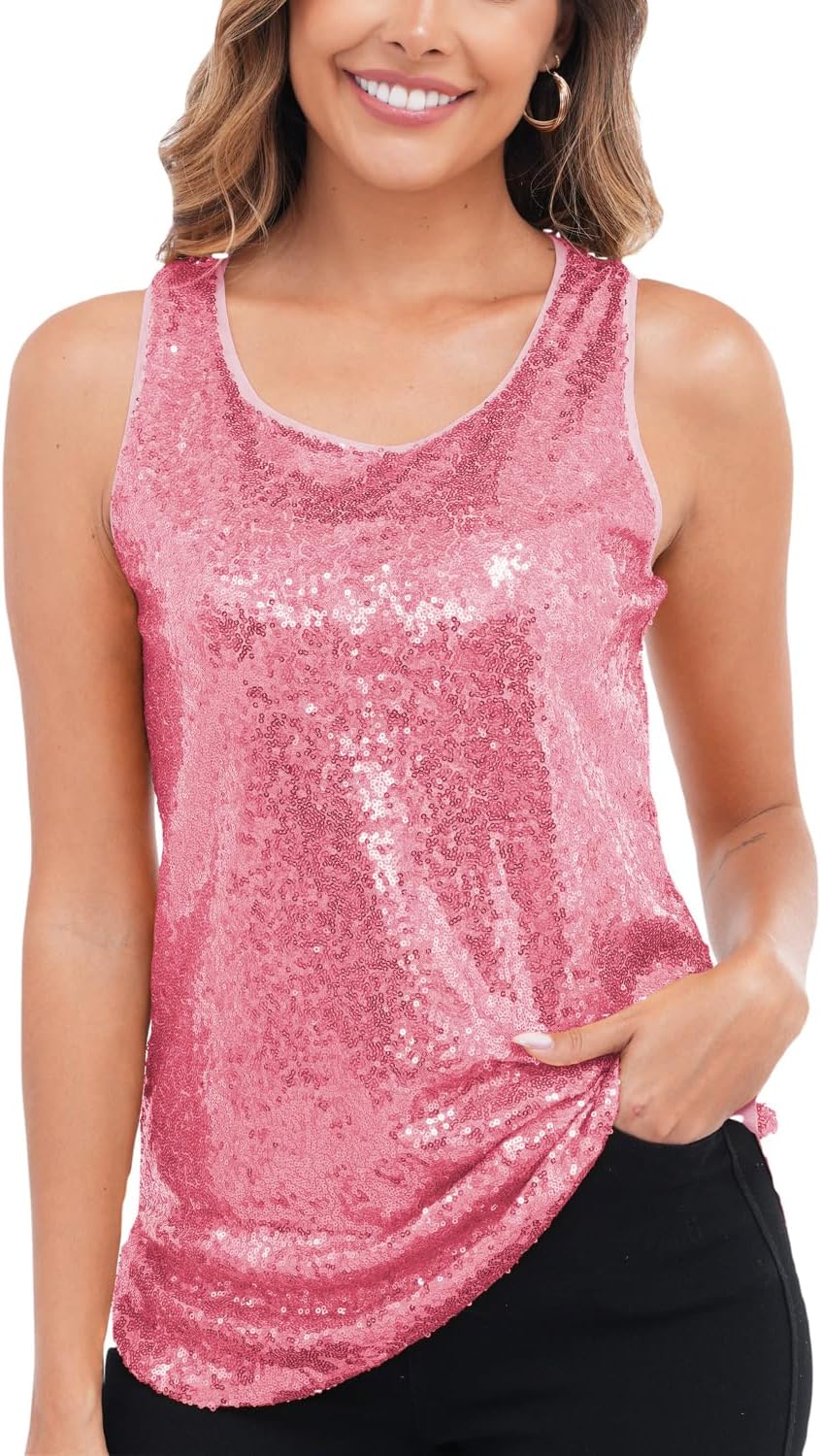 HENLY Women's Sequin Tops Sleeveless Sparkle Sequin Tank Top Shimmer Vest Glitter Camisole - Image 3