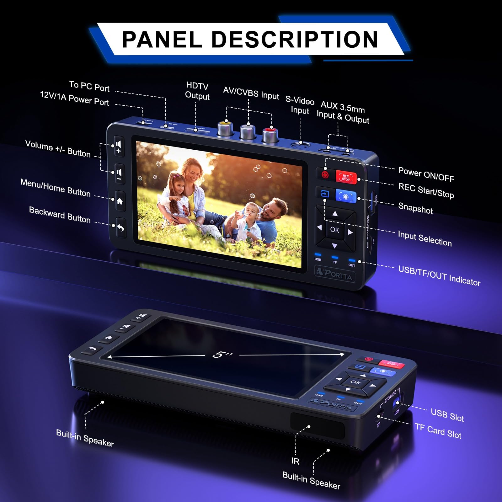 PORTTA VD20P VHS a Digital Convertidor, Video Casette Digitalize with 5" LCD & Remote, Compatible with VHS, VCR, DVR, DVD, Hi8, Mini DV, Videocámara, Cassette Tape, Gaming Consoles