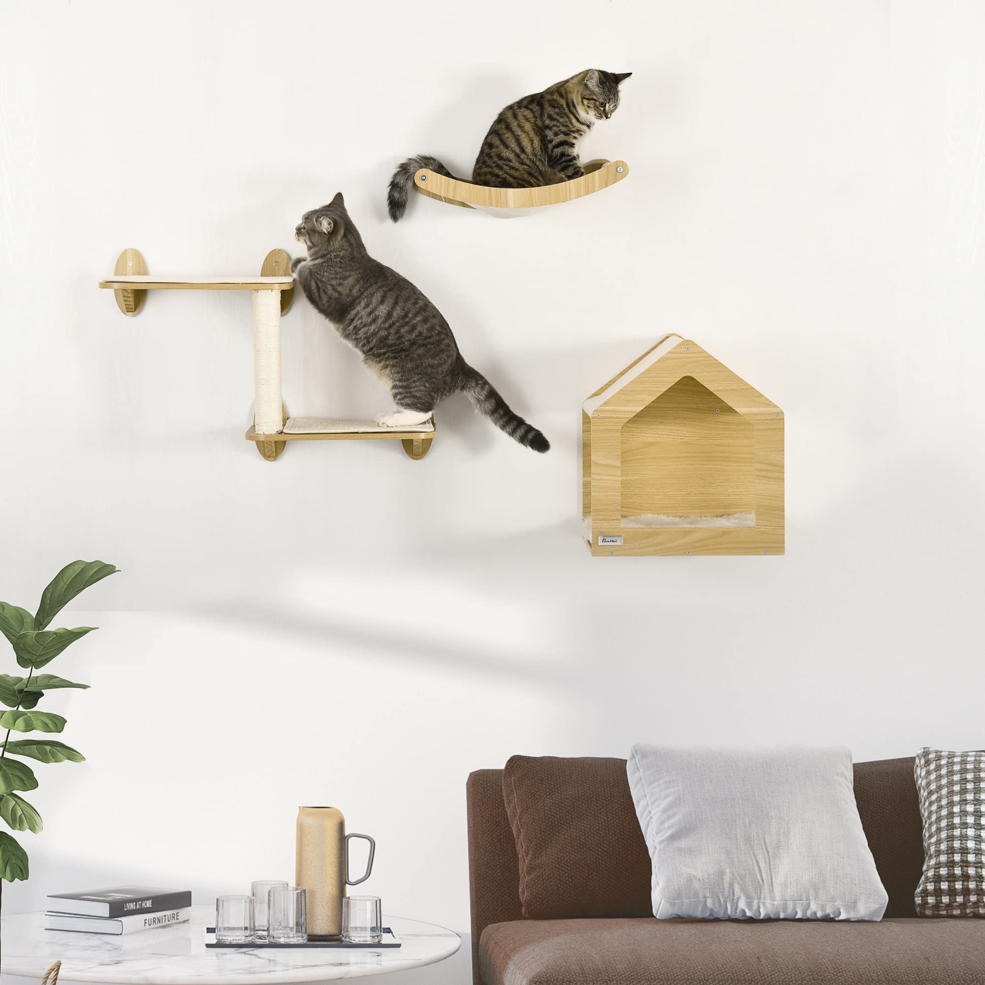 PawHut Estantes para Gatos de Pared 3 Piezas con Caseta y Hamaca Roble | Juego de Estantes Escalada para Gatos, Plataformas, Poste de Sisal