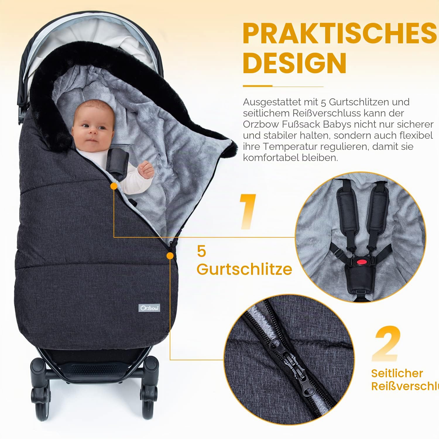 Orzbow Universelle Fußsack Kinderwagen Winter, Einstellbare Fußsack Buggy mit Zwei-Wege-Reißverschluss, Warm Fusssack Baby mit Pelzkragen, Waschbar, Abnehmbar, Dunkelgrau