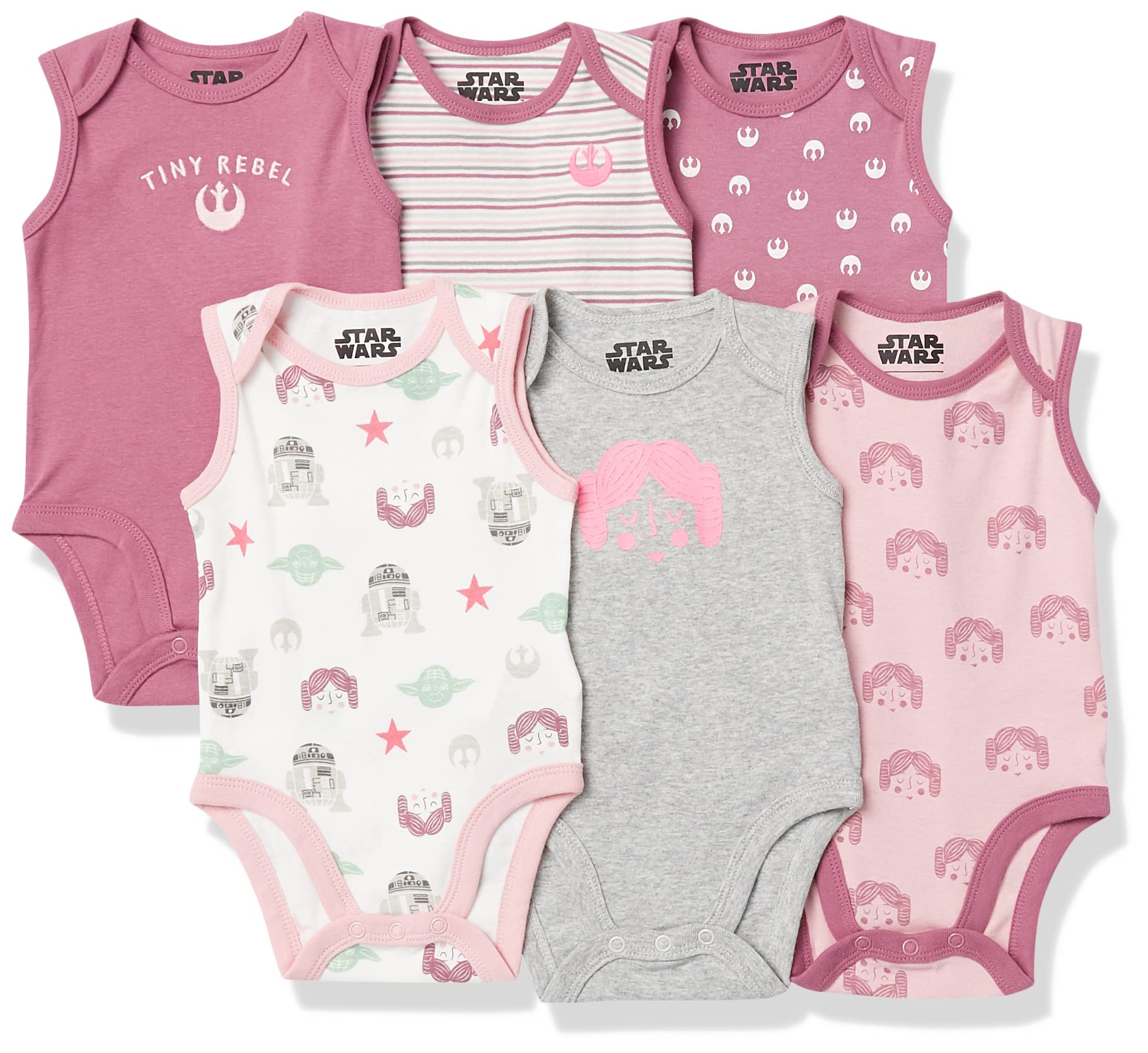 Amazon Essentials Disney | Star Wars | Princess Baby Girls' Sleeveless Bodysuits, Pack of 6