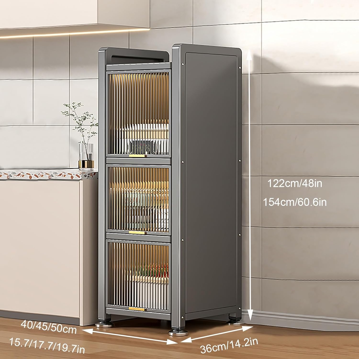 Modern Kitchen Storage Cabinet with Transparent Flap Doors, Pantry Organizer Rack for Appliances, Stylish Grey Shelves (40x122x36cm / 15.7x48x14.2in)