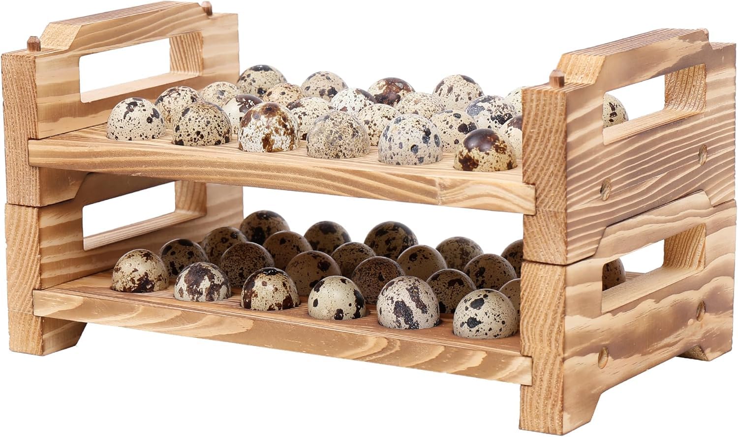 Tlingmeixian 1 Wooden Quail Pigeon Egg Holder Countertop, 2-Tier Quail Pigeon Egg Storage Trays Stackable For 48 Fresh Eggs, Quail Egg Organizer Rustic Kitchen Decoration, Egg Container Rack-Xian