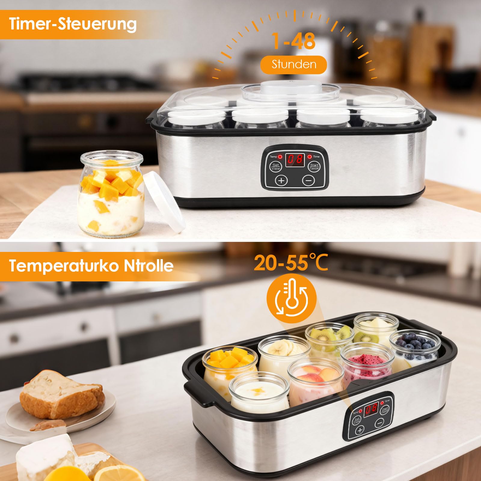 Dreamhigh® Elektrische Joghurtbereiter, Griechische Joghurtmaschine mit 8 Glasbehälter à 180 ml, Joghurt Maker mit LCD Display Timer, Temperatur 20-55°C, für Bis 1,4L Selbstgemachten Joghurt