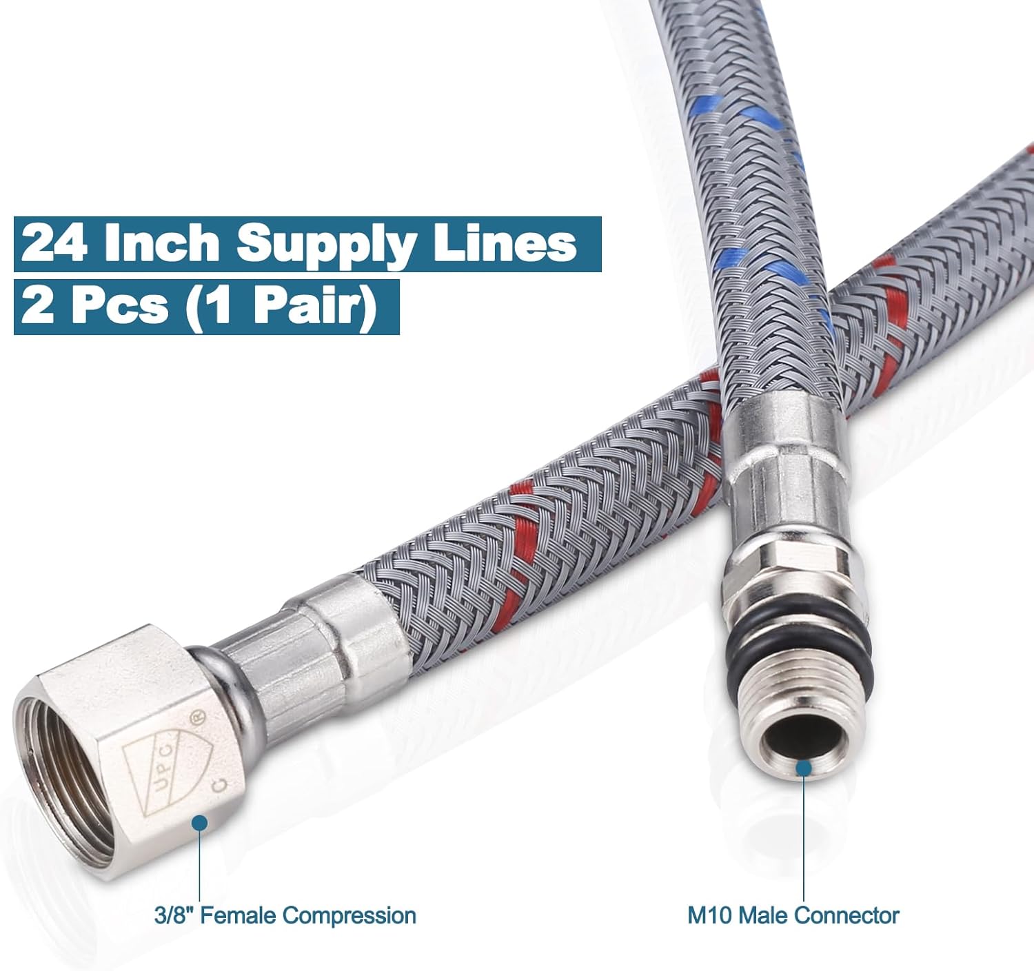 WOWOW 24" Length Faucet Supply Line, Bathroom Kitchen Faucet Lines Braided Nylon Sink Hose,cUPC Faucet Supply Lines 3/8" Female Compression Thread × M10 Male Connector 2Pcs (1 Pair)