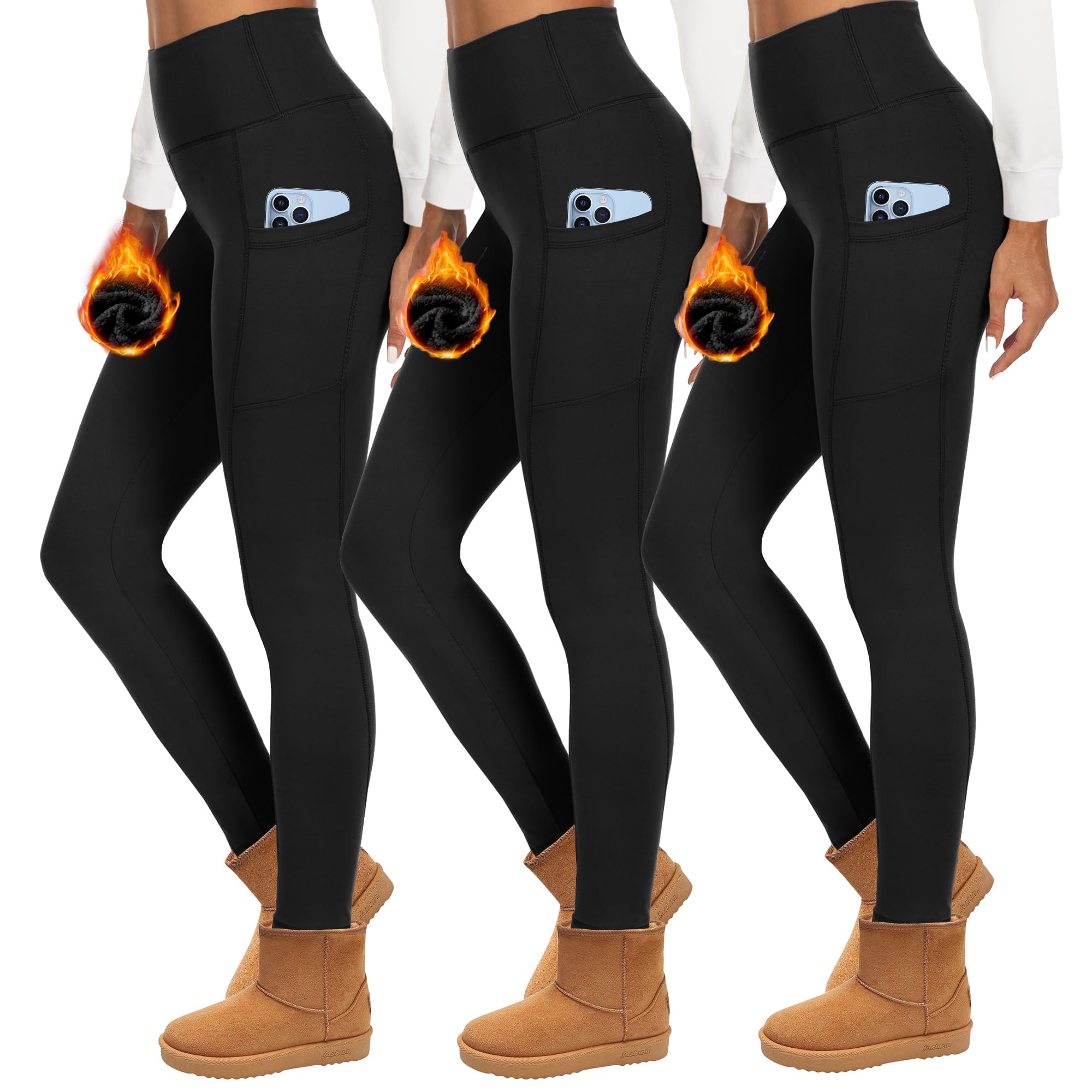 HIPOWER Lot de 3 leggings thermiques pour femme avec poches, leggings doublés, taille haute, en polaire, opaques, noirs, sous-vêtements thermiques, pantalon de course, pantalon de yoga