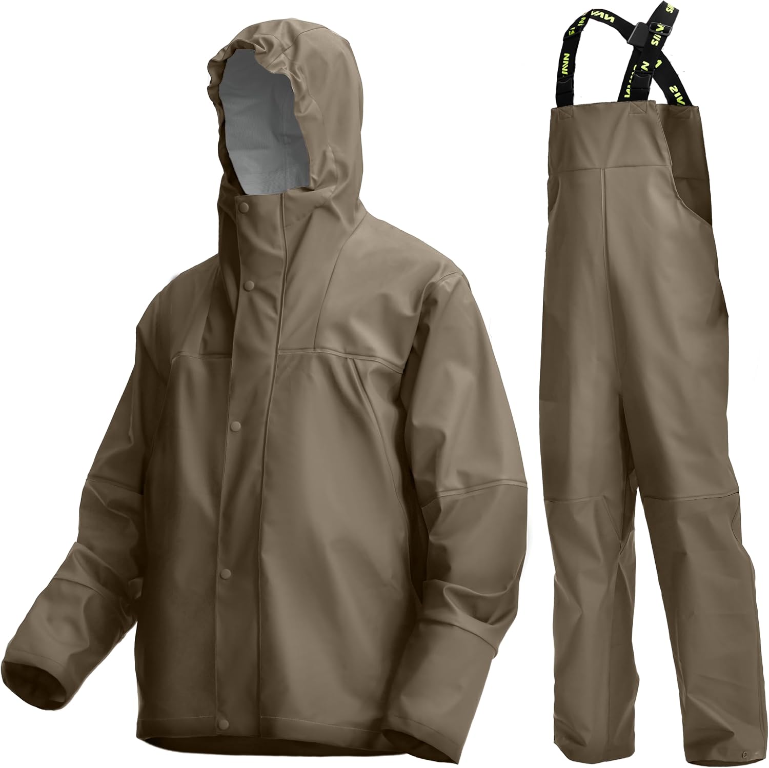 Men's Waterproof Workwear 3-Piece PU PRO Rain Suit | Jacket & Bib Pants Set, Sealed Seams, Storm Flap, Adjustable Hood, Windproof, Fishing Construction Outdoor Use