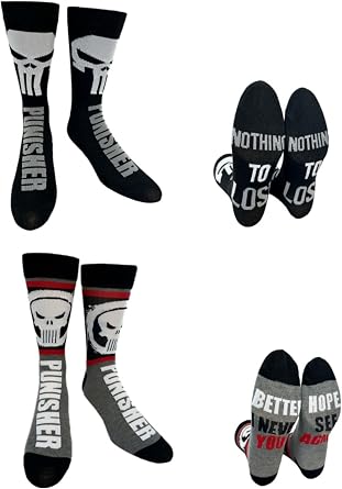 Hyp "Sock Talk" Marvel Punisher 2 Pack Mens Crew Socks - Black & Grey Skull Logo - Bottom Sole Text Nothing to Lose & Better Hope... - Mens Shoe Size 6-12