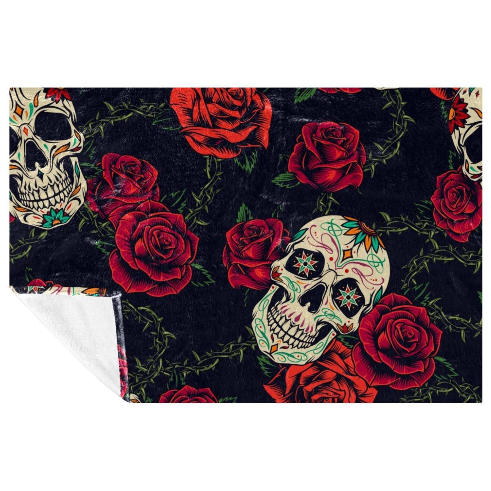 Couverture chaude lit et canapé plaid tête de mort roses barbelés 150x100cm