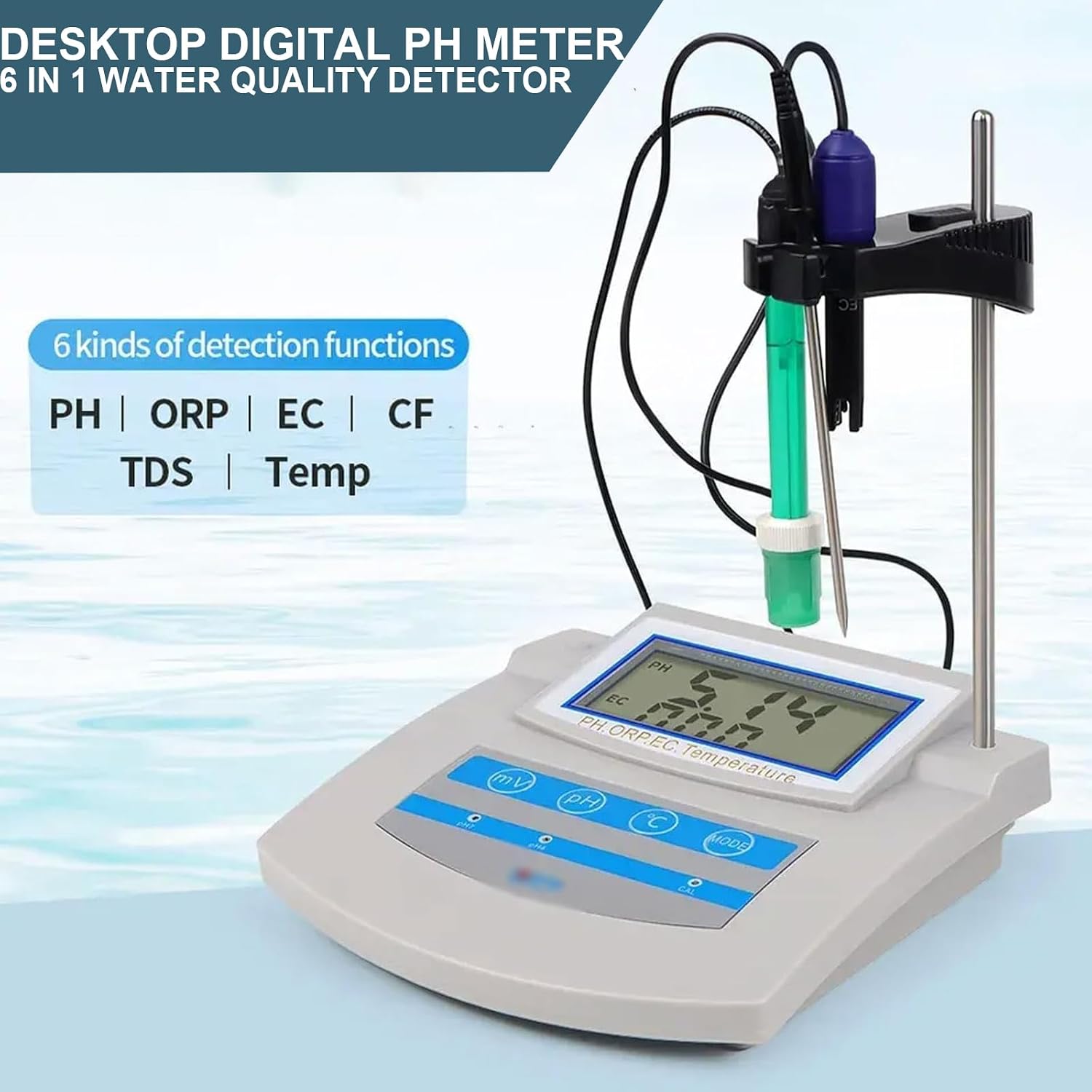 6-in-1 Water Quality Tester PH, Desktop Digital PH Meter, Water Quality Detector, with Temperature Compensation, Data Saving Function, for Aquarium, Laboratory, Fishery, Farm