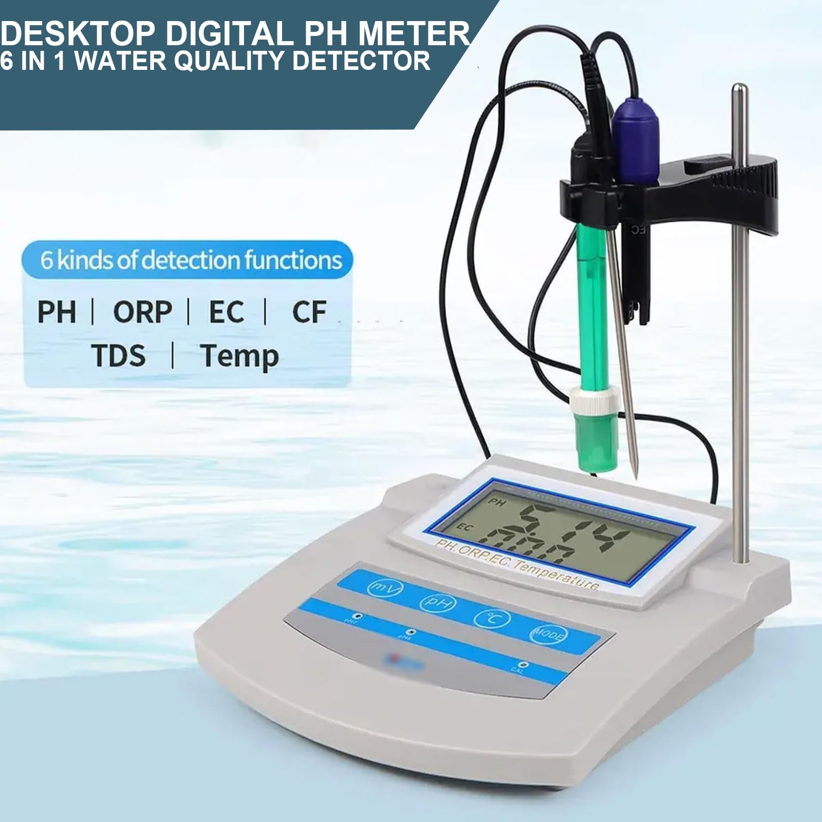 Tester di qualità dell'acqua – Misuratore di pH digitale 6 in 1 con funzione di compensazione della temperatura e risparmio dati per acquario, laboratorio, pesca e uso agricolo