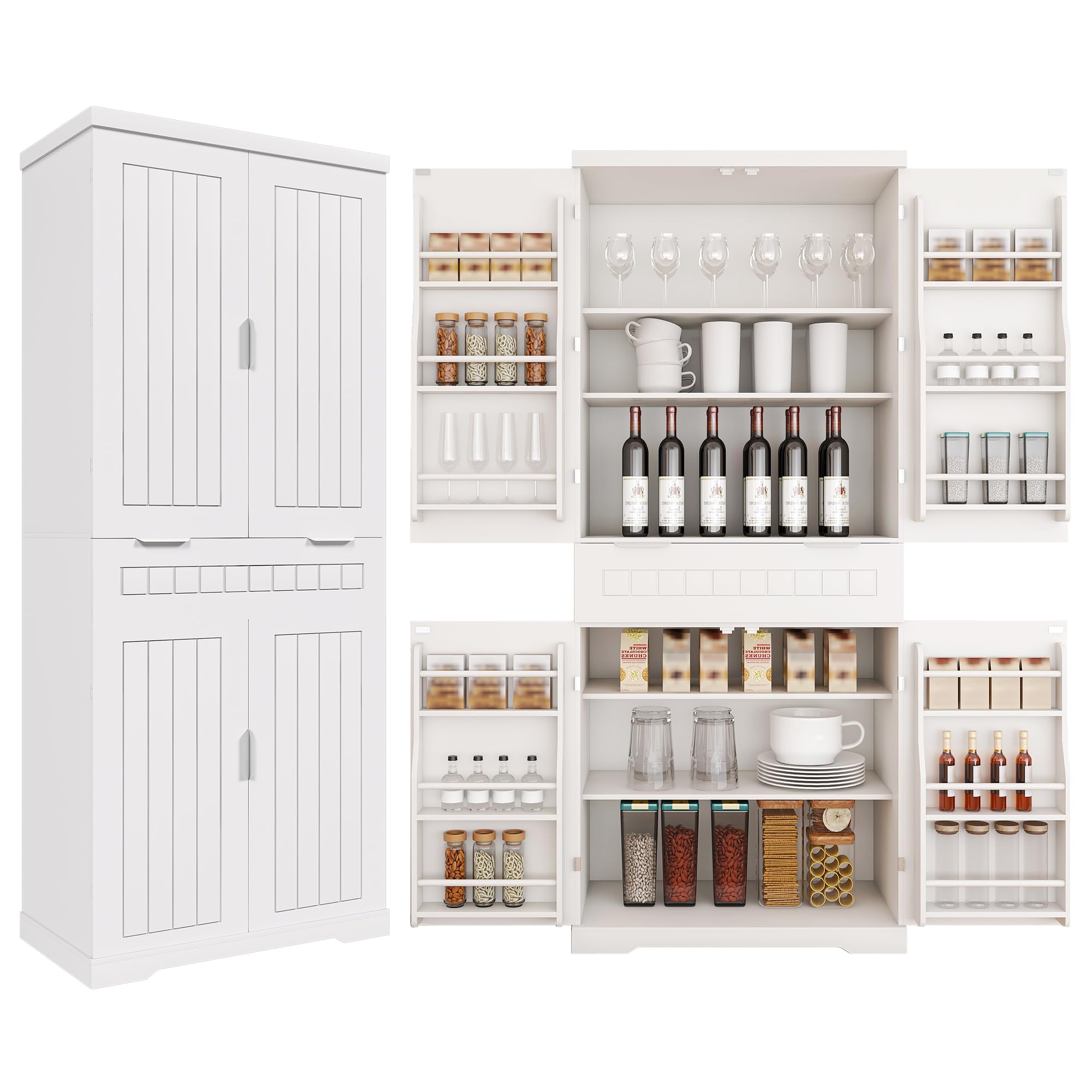 72" Tall Kitchen Pantry Cabinet with Drawer &amp; Adjustable Shelves,Farmhouse Versatile Modern Compact Pantry Storage Cabinet w/12 Door Shelves,Anti-Tip Safety Design for Small Kitchen,Dining Room