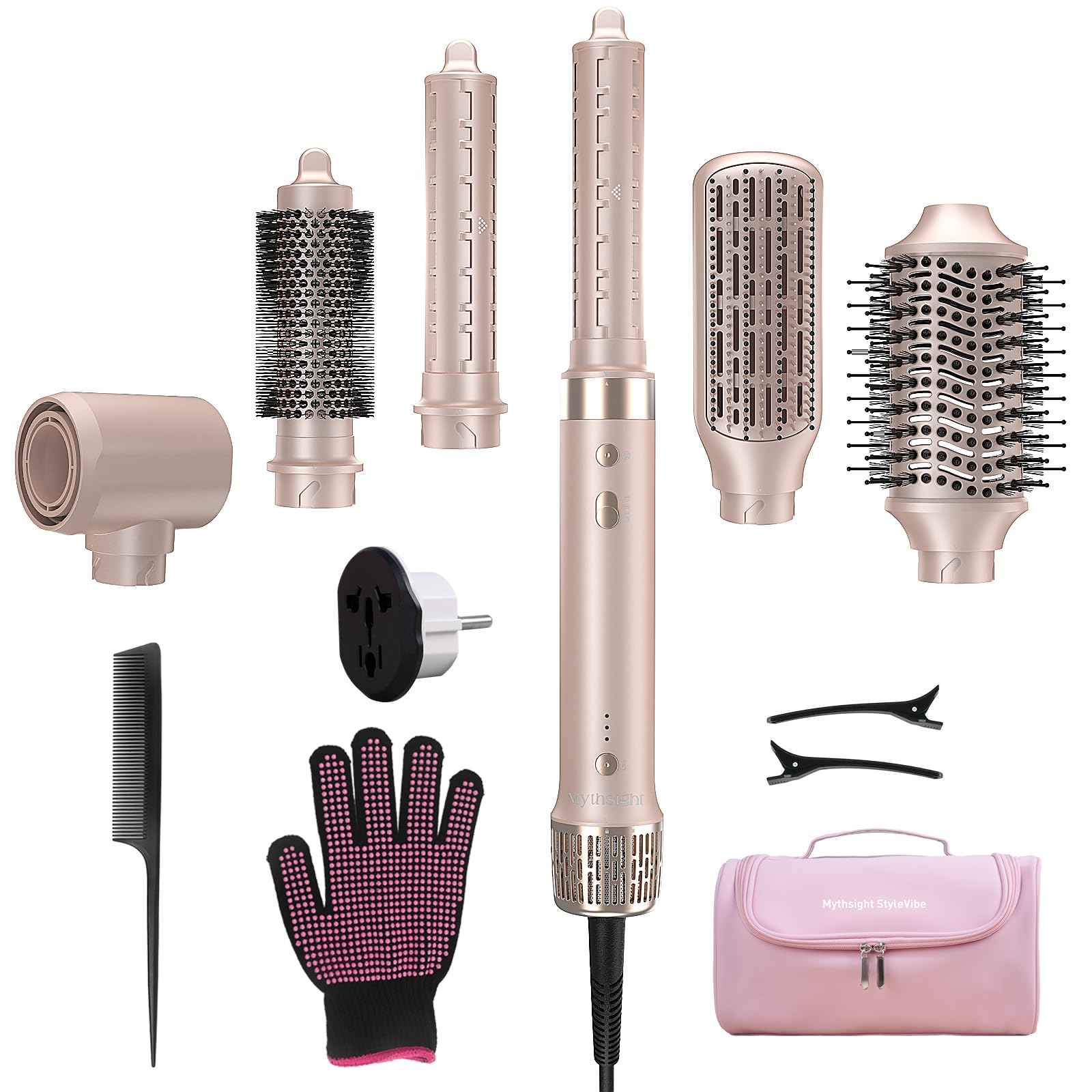 Mythsight StyleVibe 6-in-1 Air Styler, Dual Voltage Hair Dryer & Blow Dryer Brush with Travel Case - Auto Wrap Curls (L/R), Fast Drying, Thermal Brush