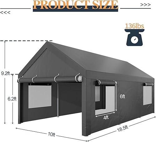 Miniatura 3 de Shintenchi Cochera resistente de 10 x 18.5 pies, garaje portátil con pared lateral extraíble, puertas y ventanas ventiladas, lona para todas las