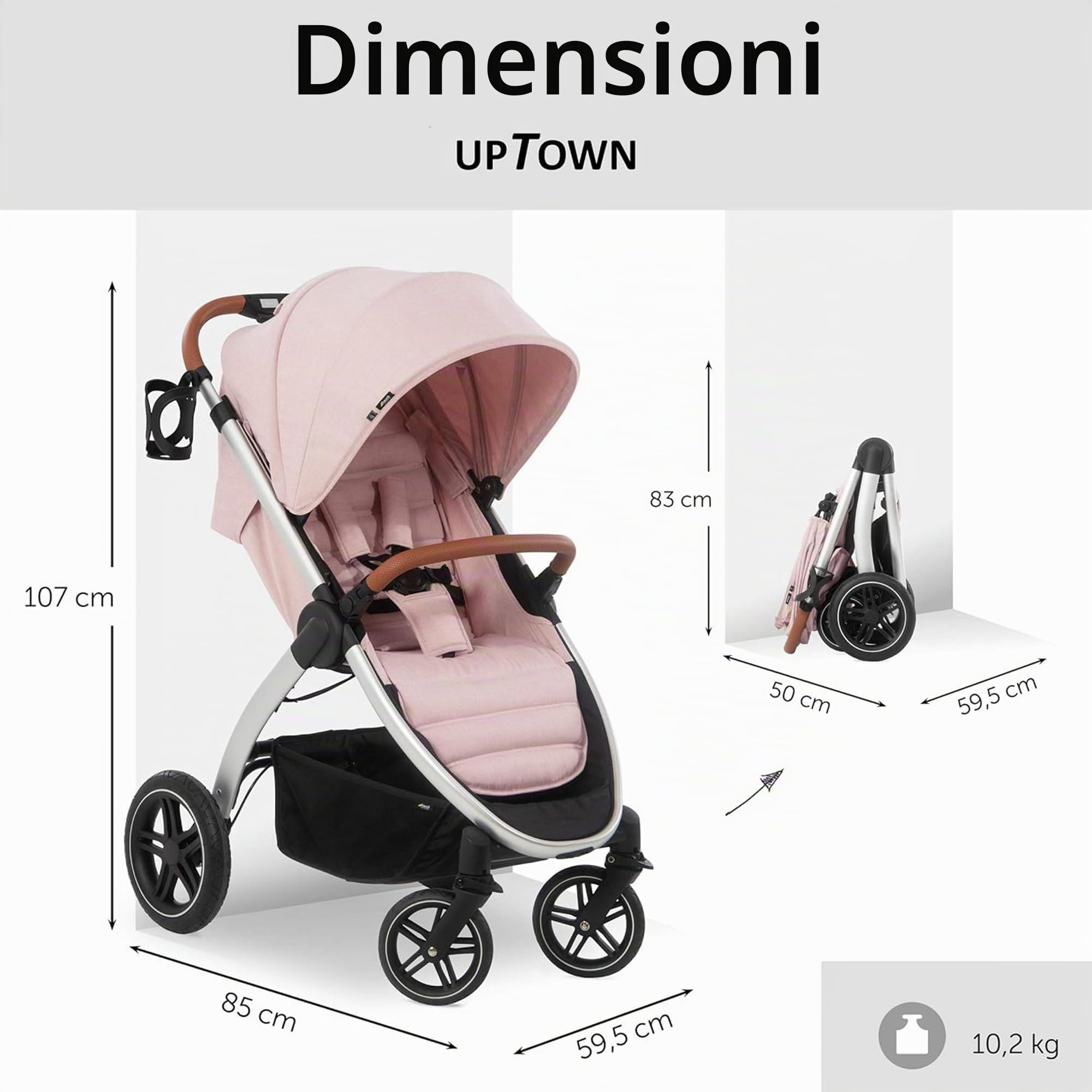 hauck Passeggino Up Town - Passeggino Compatto in Chiusura fino a 25 kg, Chiusura a 1 Mano, Manubrio Regolabile, Reclinabile - Passeggino Leggero - Rosa