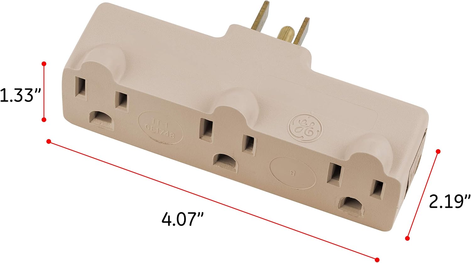 GE 3-Outlet Extender, Grounded Wall Tap, 3-Prong, Multiple Plug, Power Splitter, Cruise Essentials, Use for Home Office School Dorm, UL Listed, Light Almond, 54203