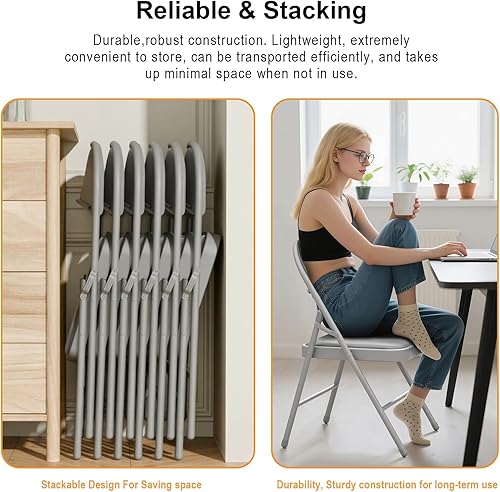 Miniatura 6 de Paquete de 6 sillas plegables grises con cojín acolchado para exteriores, sillas plegables de metal comerciales apilables portátiles con marco de