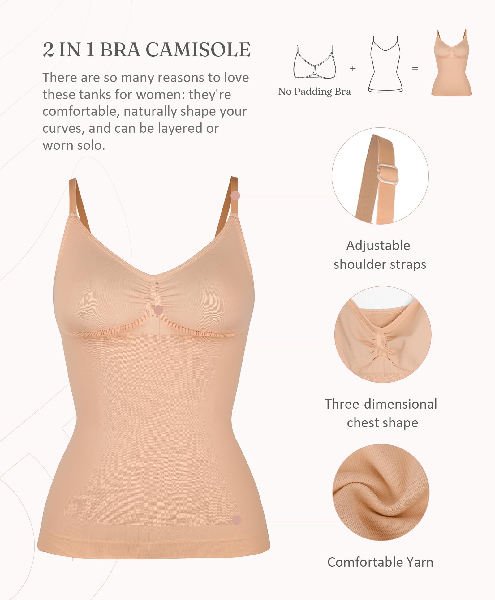 Camiseta sin Mangas de compresión sin Costuras para Mujer Shapewear Control de Barriga Cami Sujetador Integrado con Correas Ajustables