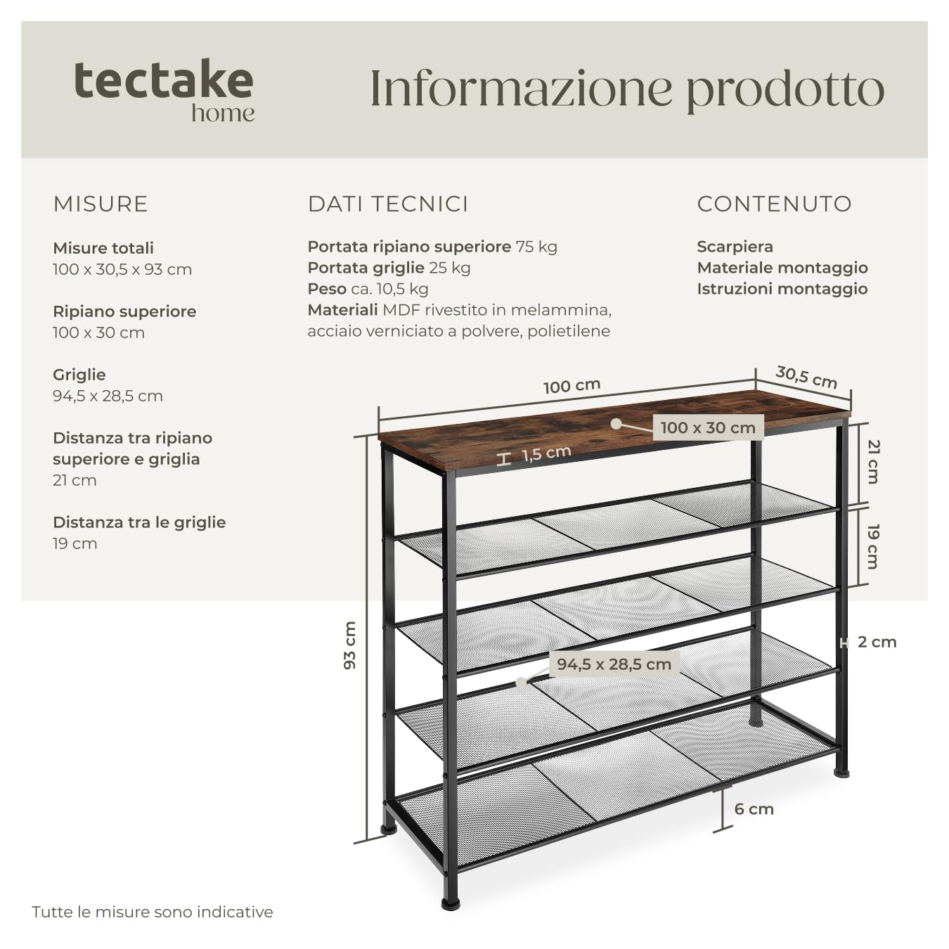 tectake® Scarpiera 100x30,5x93 cm, Scarpiera Salvaspazio slim, 4 Ripiani Rete, Scaffale Scarpe Uomo, Scarpe Donna, Stivali, Ideale Ingresso, Corridoio, Soggiorno, Stile Industriale - Legno Scuro