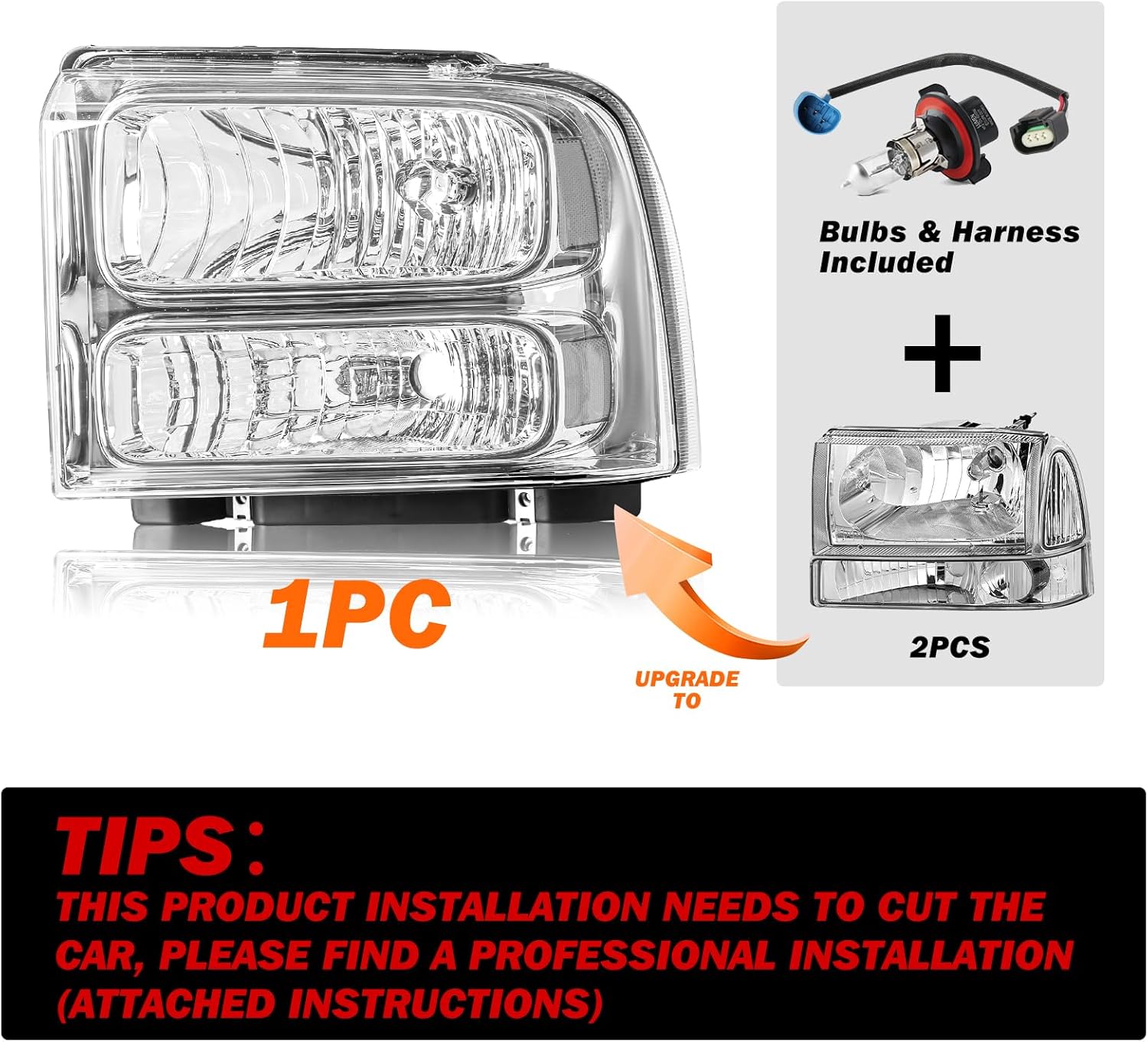 SOCKIR Headlight Assembly Fit for 1999-2004 F250 F350 F450 F550 Super Duty / 2000-2004 Excursion Chrome Housing Clear Reflector