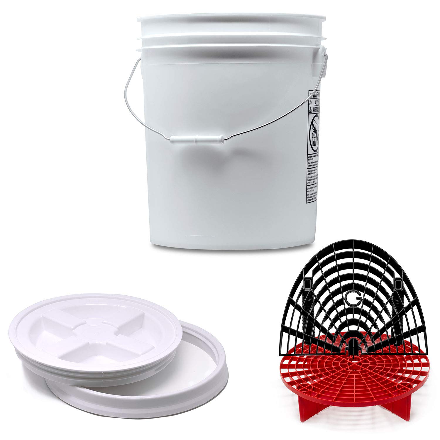 Detailmate professionelles Wasch Eimer Set: Magic Bucket Wascheimer 5 GAL (ca. 20 Liter), Gamma Seal Eimerdeckel weiß, GritGuard Schmutz Einsatz rot, GritGuard Washboard schwarz