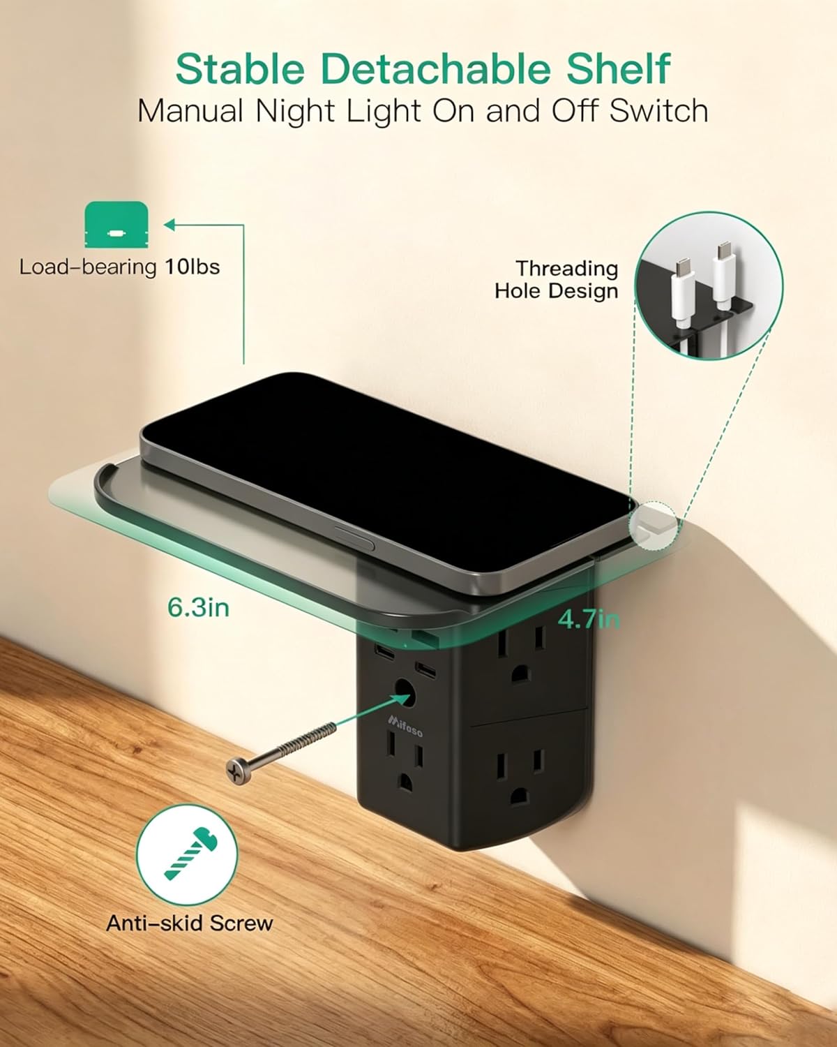 Mifaso Outlet Extender with Shelf and Night Light, 1800J Surge Protector image 4