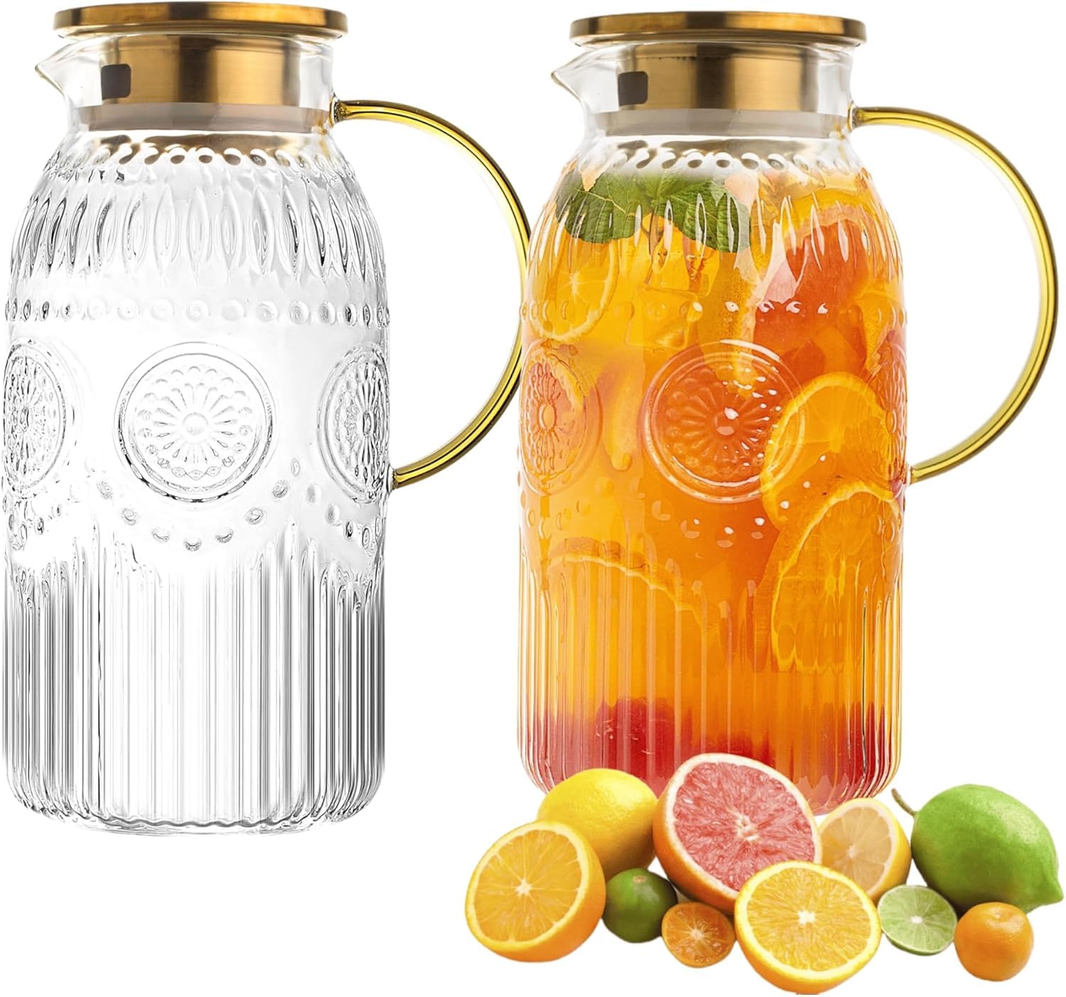 Glaskaraffe Mit Deckel 2 Liter, 2 Stück Edelstahl Deckel und Tropffreier Ausguss, moderne Glaskaraffe für Selbstgemachte Getränke, Eistee, Kaffee, Milch, Wein