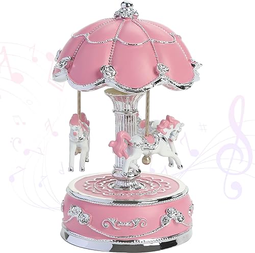 Caja de música Honeygifts Luxury carrusel con diseño de flores color rosa