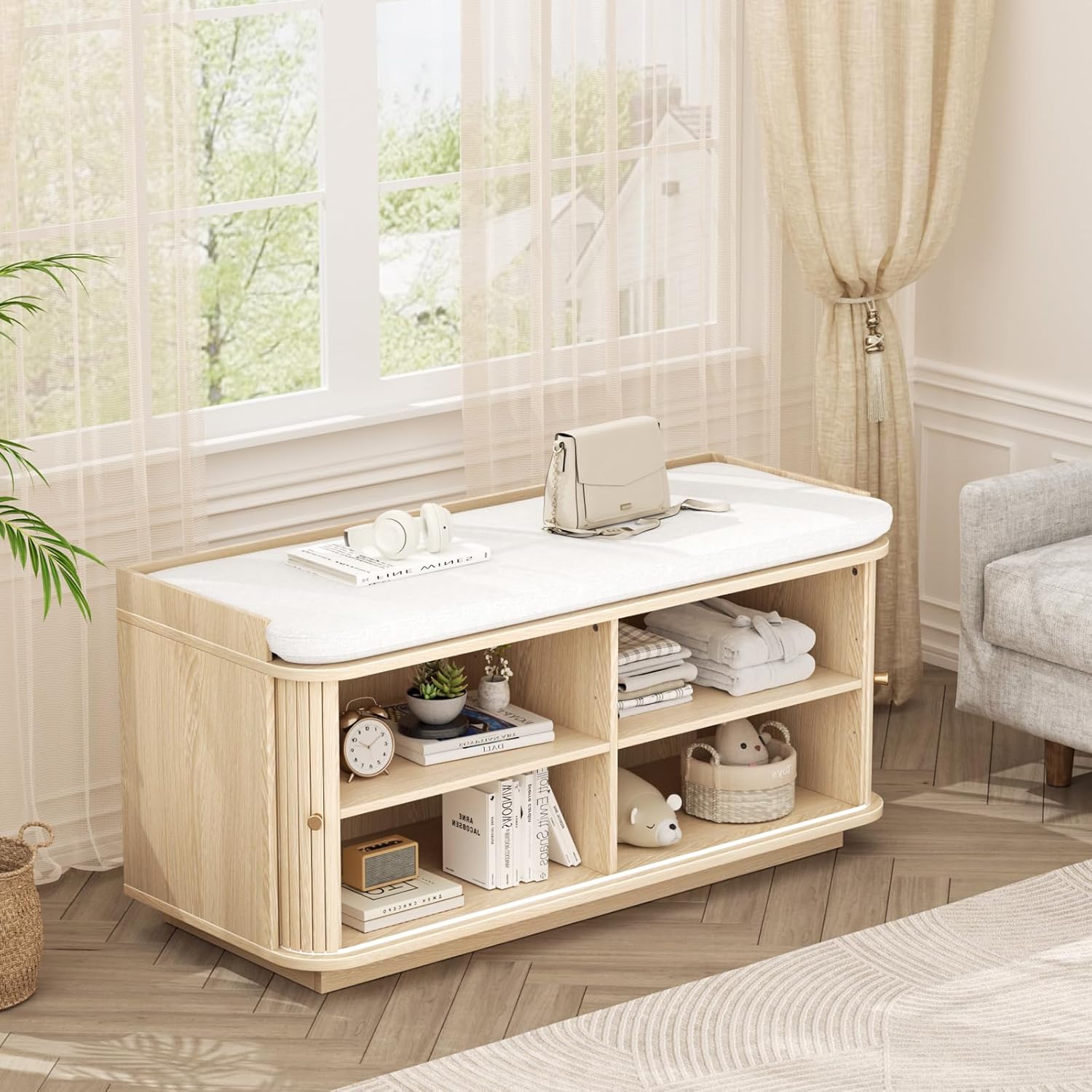 Hall Tree with Bench and Shoe Storage, Entryway Bench with Sliding Door Cabinet, Removable Padded, Metal Wall Hooks and Adjustable Storage Compartments, for Entry, Hallway, Living Room, Oak