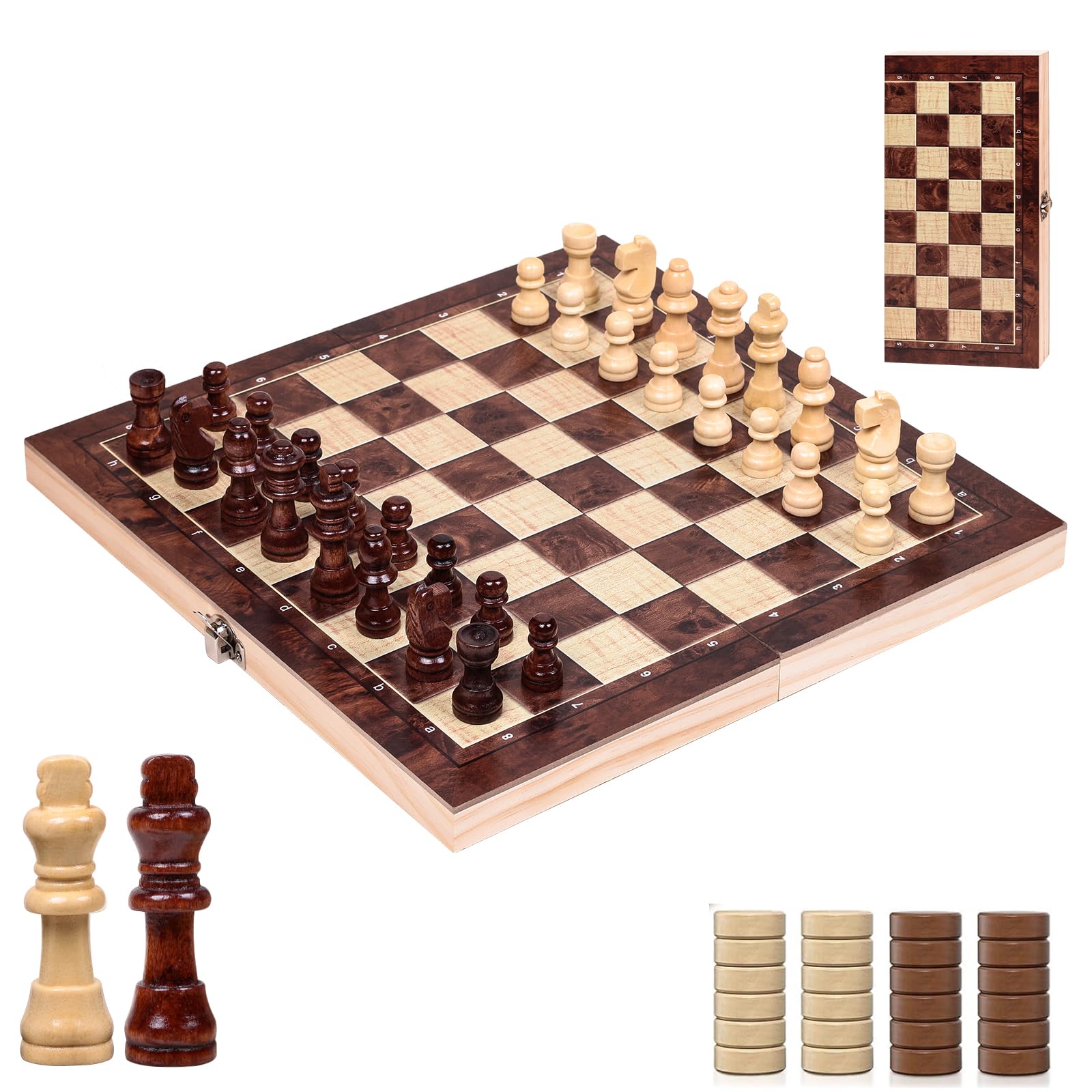 3-in-1 Wooden Chess Set – Backgammon & Draughts Board Games, Classic Family Strategy Game for Adults & Kids, Foldable Travel Board