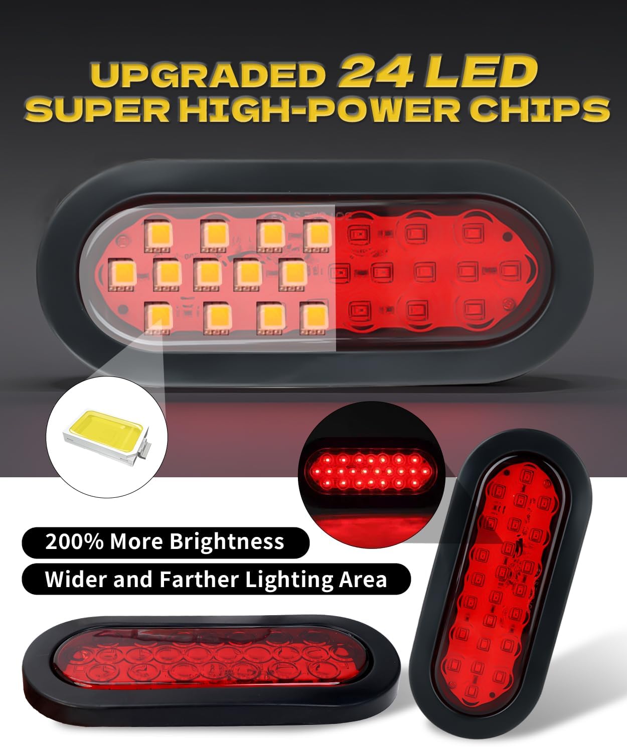 6" Red Oval 24 Led Trailer Tail Lights Waterproof Sealed 6 Inch Stop/Turn/Tail Light Boat Trailer Lights [DOT Certified], Include Grommets 3-Prong Wires for 12V RV Truck, Bus, Trucks 2PCS