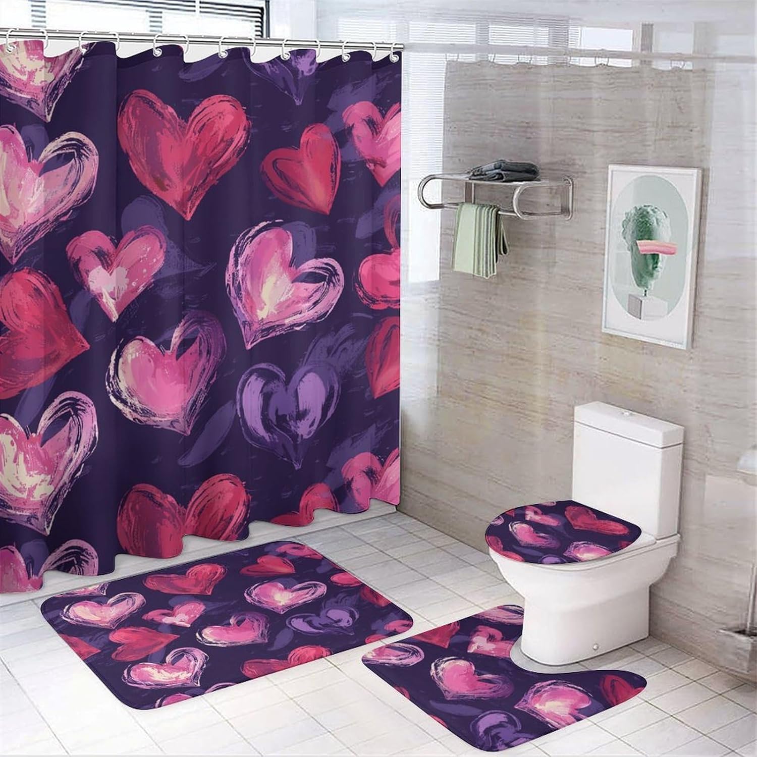 Four Piece Bathroom Set with Toilet Lid Cover and Non-Slip Rugs Minimalist Shower Curtain for Bathroom Set