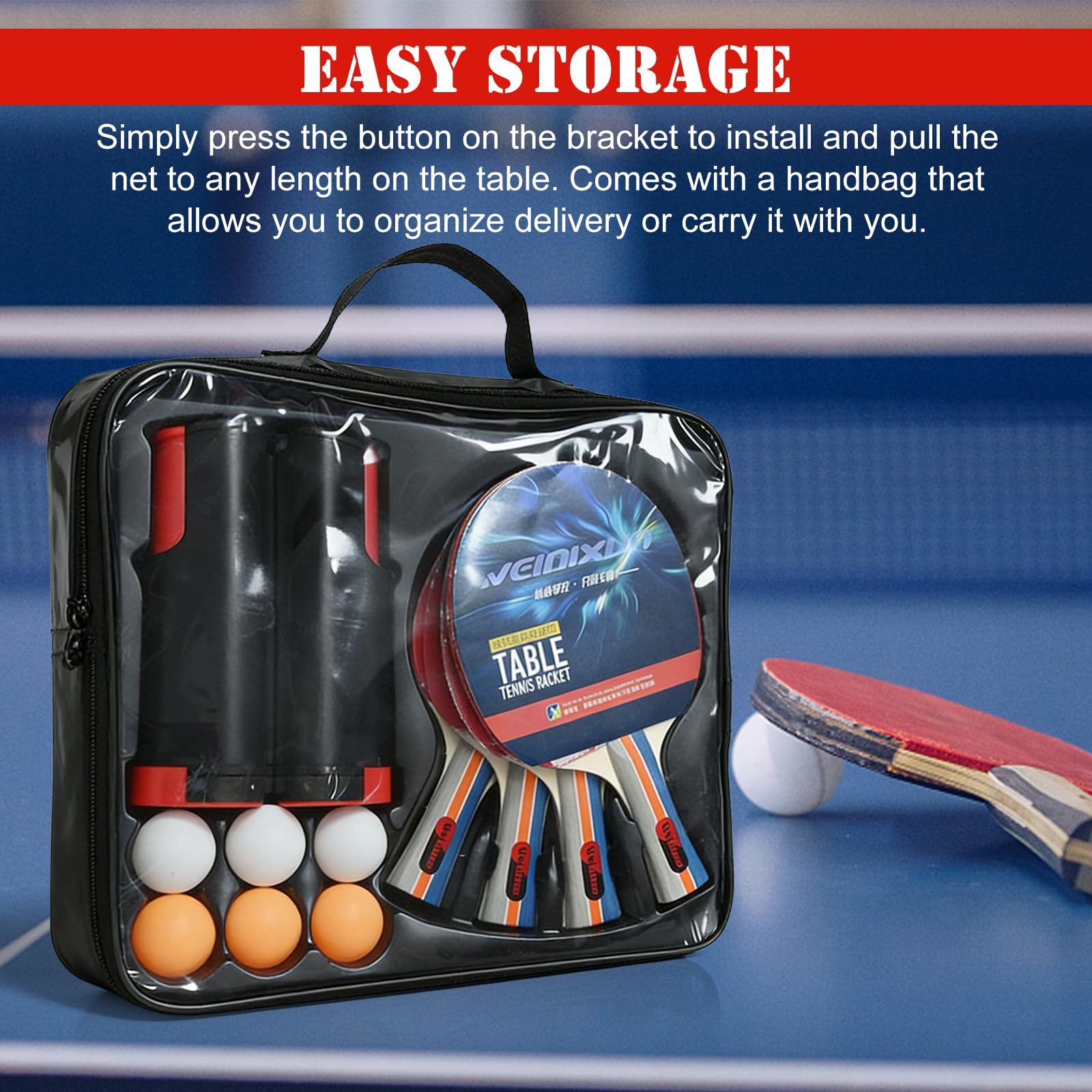 Set De Tennis De Table: 4 Raquettes De Tennis De Table + 1 Filet Rétractable + 10 Balles De Tennis De Table + 1 Sac De Transport, Set De Raquettes De Ping-Pong pour Loisir, Entraînement, Amateurs