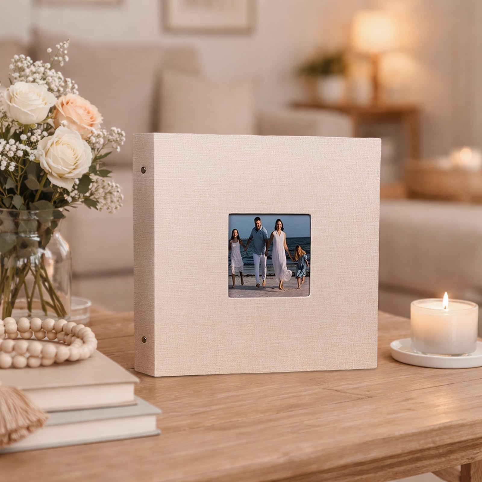 Album fotografico beige da 40,6 cm, con copertina rigida in tessuto, con rilegatura a clip in ferro, pagine adesive fai da te, grande capacità, 30 fogli, 60 pagine, per ricordi di famiglia