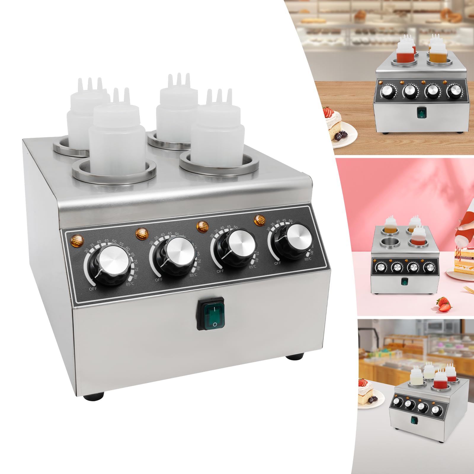 Calentador de salsas eléctrico de acero inoxidable, dispensador con 4 botellas de expresión, 800 W, para buffet y gastronomía, dispositivo de mesa con regulación de temperatura para ketchup
