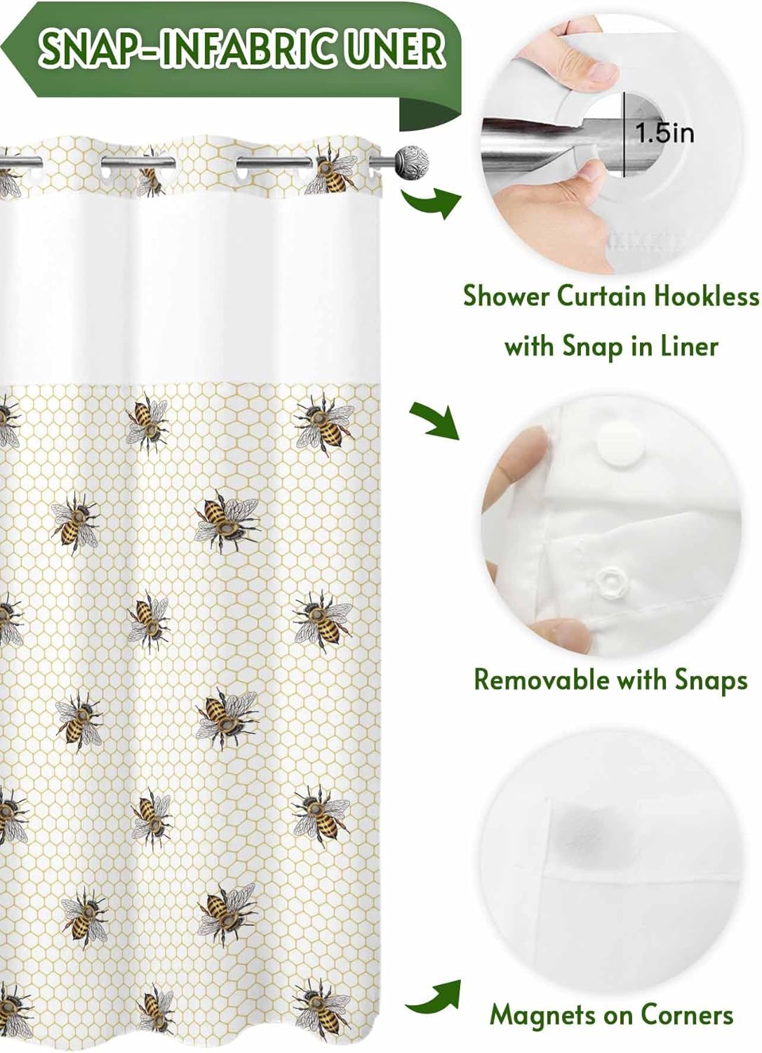 No Hook Shower Curtain with Snap in Liner Set,Pastoral Farm Bee Honeycomb Waterproof Fabric Shower Curtains Rustic Abstract Hexagon Double Layer Bath Curtain for Bathroom,72Wx78L