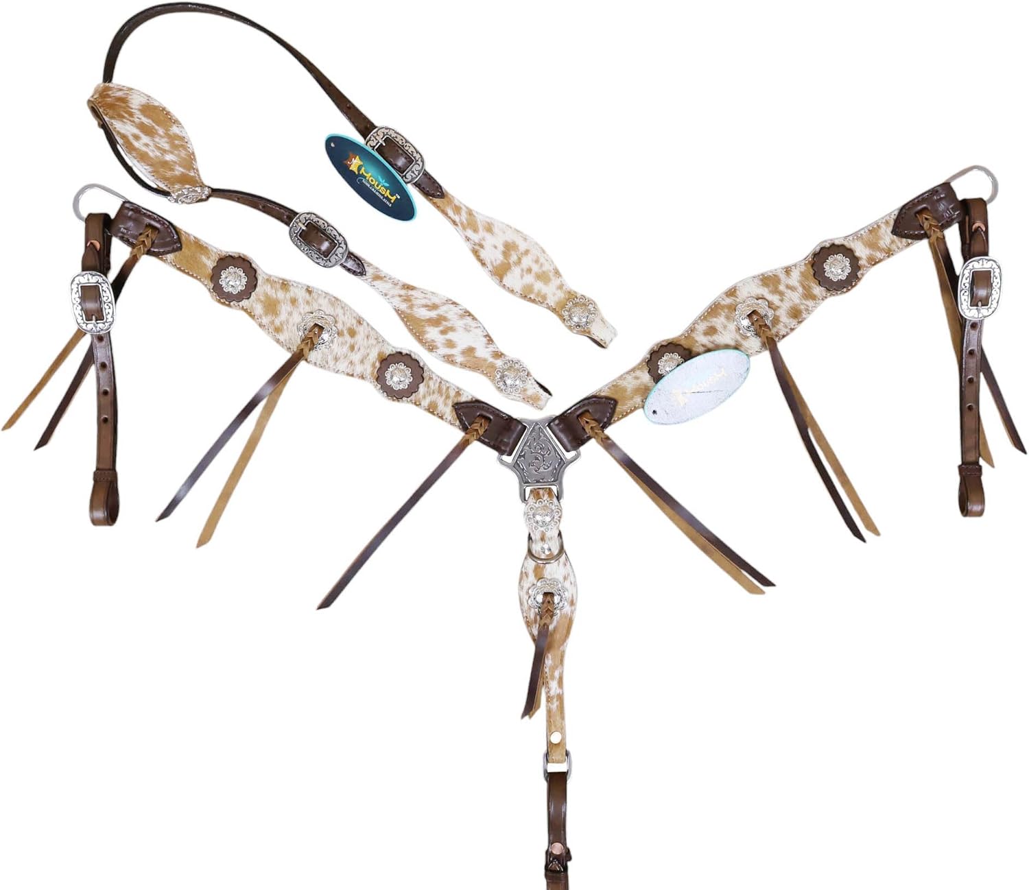 Western Headstall and Breast Collar Tack Set | Real White & Brown Cowhide with Metal Flower Conchos | Argentina Cow Leather