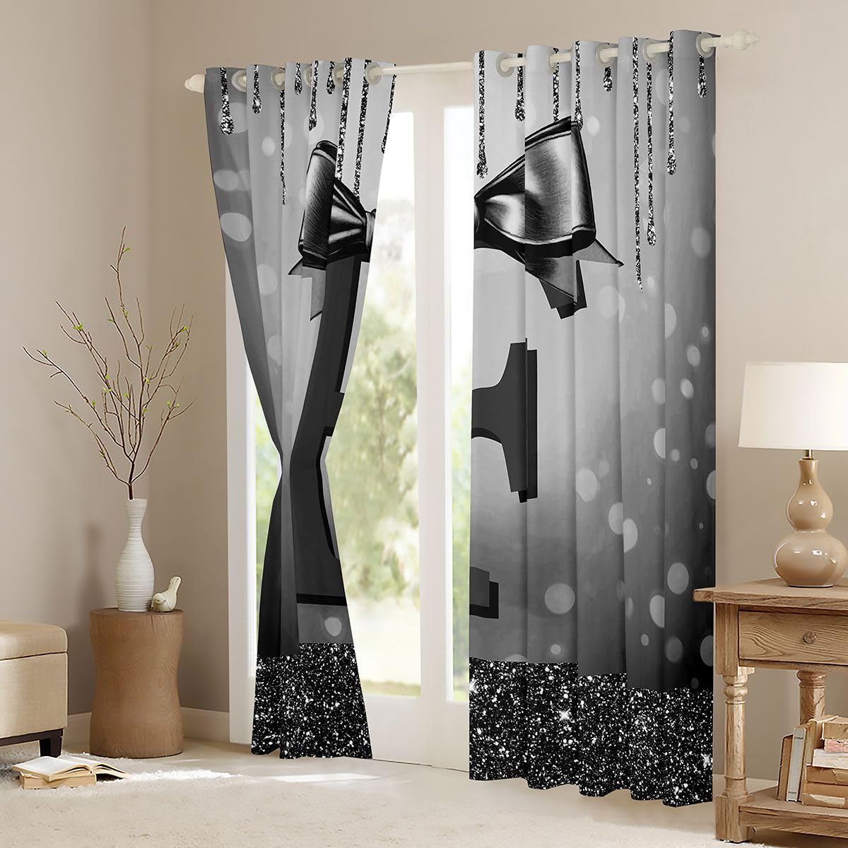 Homewish Księżniczka brokatowe zasłony okienne z kokardą, 132 x 229 cm, 2 panele zestawy – czarne zasłony zaciemniające z monogramem litery F, urocza , kokarda, zasłony okienne, szykowna