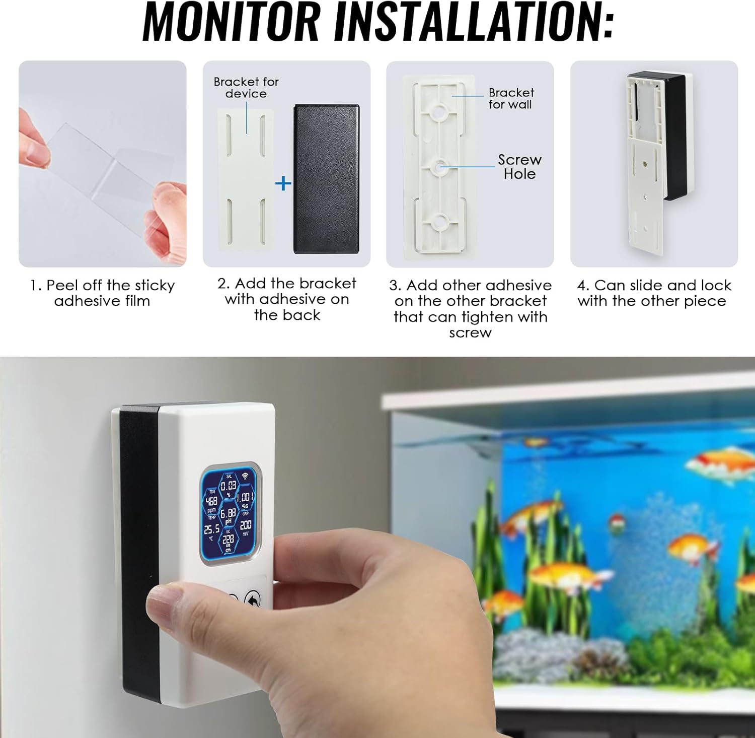 Steps for installing the main monitor unit using adhesive brackets