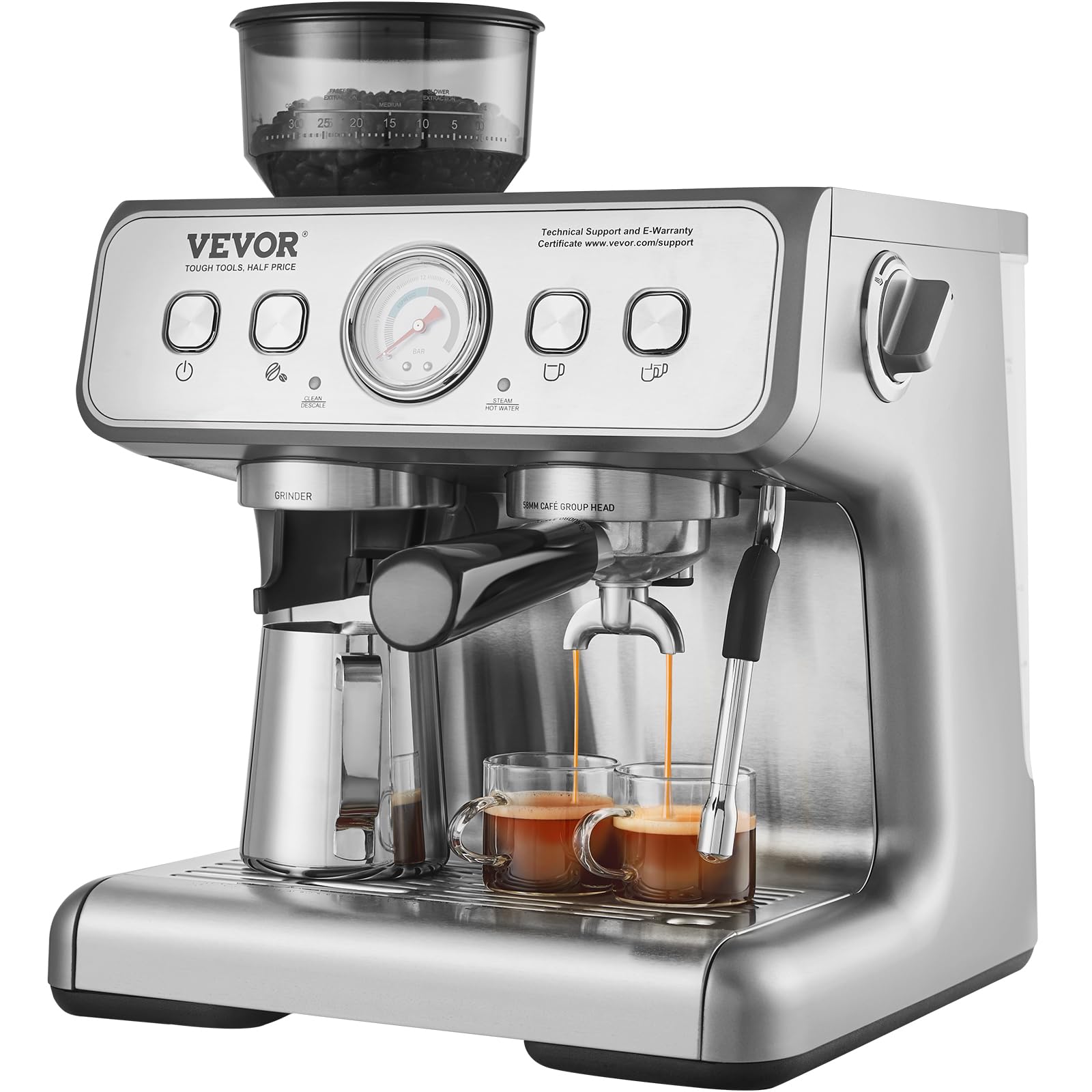 VEVOR Macchina per Caffè Espresso con Macinacaffè, Macchina per Caffè Espresso Semiautomatica da 15 Bar con Montalatte, Serbatoio dell'Acqua Estraibile e Manometro