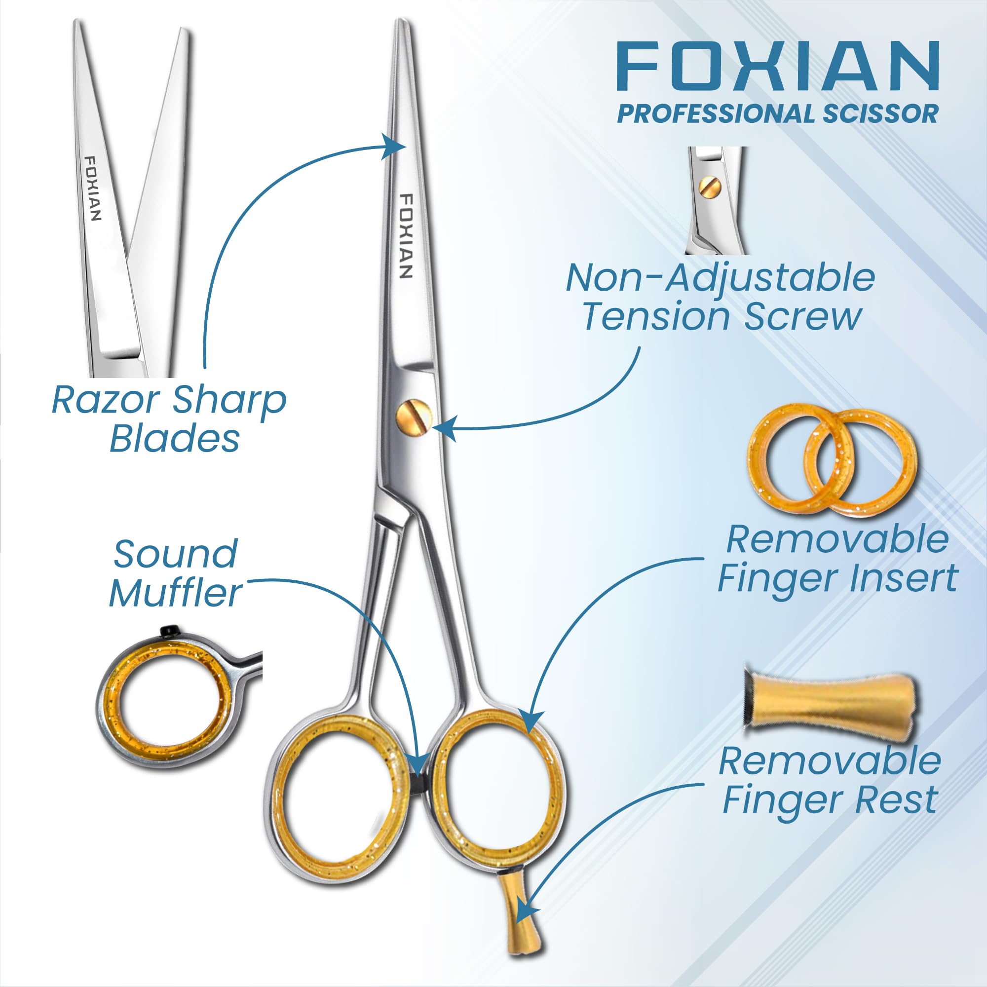 Foxian Hairdressing Professional Scissors for Barbers & Hairdressers 6" Stainless Steel Hair Cutting Scissors with Comb for Men & Women - Image 2