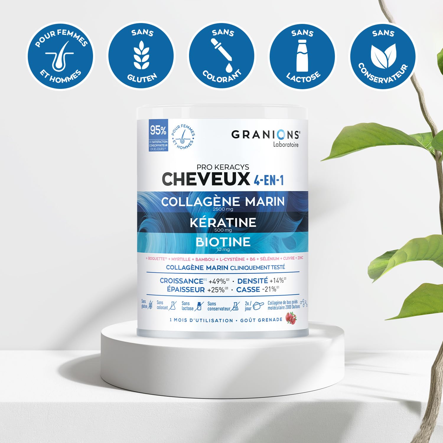 Granions Pro Keracys Cheveux 4en1 300 g | Complement Alimentaire Cheveux - Collagene Marin, Biotine, Selenium, Keratine, Zinc, Vitamine B6 - Grenade - 300g
