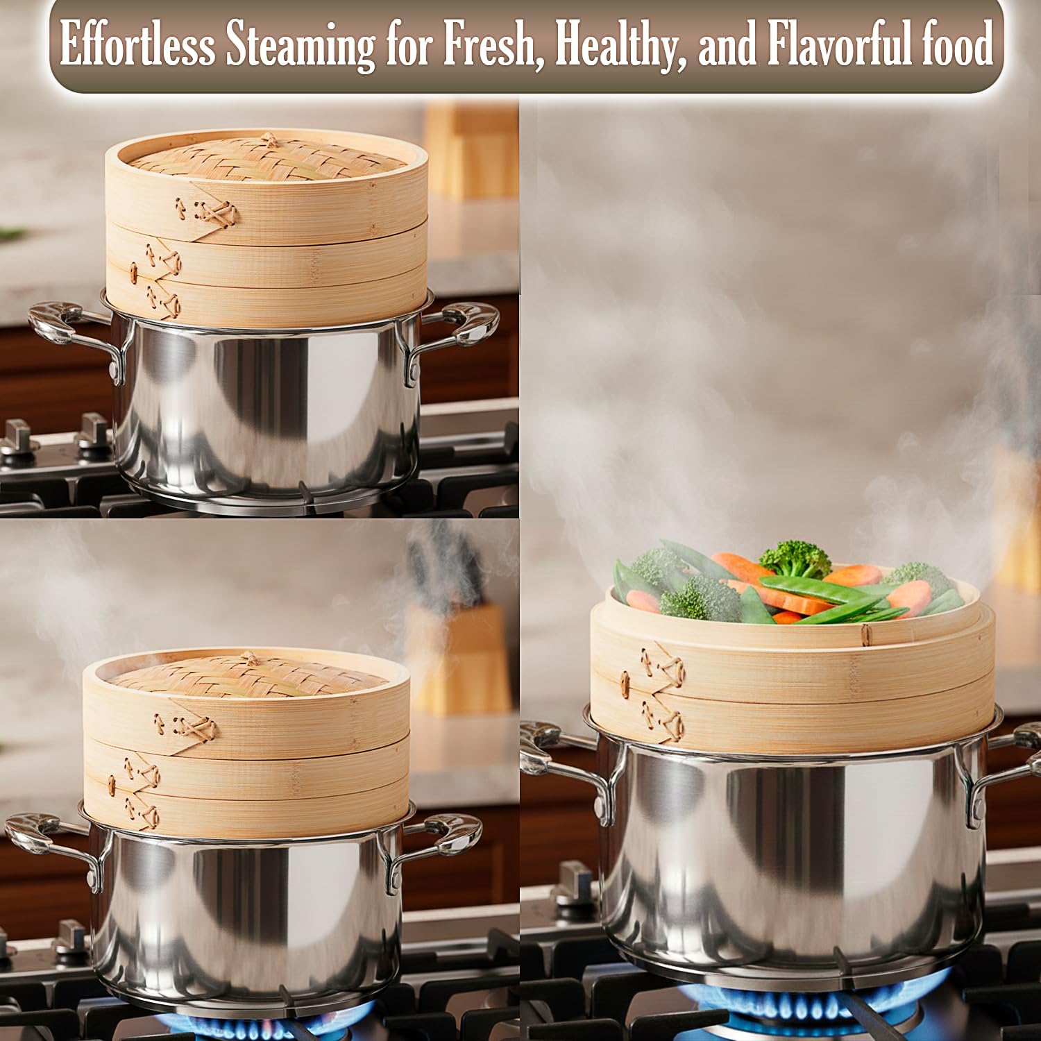 2-Tier Bamboo Steamer Basket with Chopsticks,10" Dumpling Steamer Basket with Sauce Dish & Reusable Silicone Liners, Premium Steamers for Cooking Dim Sum, Bao Buns, Dumplings, Rice & Asian Vegetables