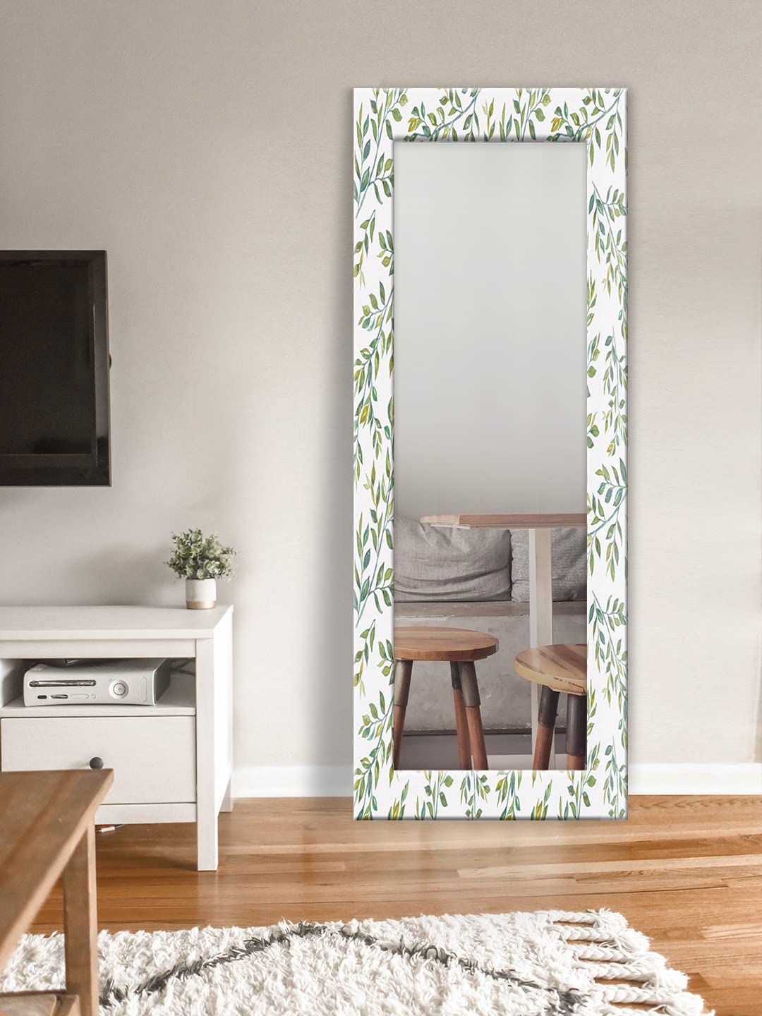 999STORE Printed Mirror Frames Hanging Mirror for Bedroom White Green Leaves Pattern Large Long Big Full Length Mirror (MDF_24X72 Inches) Mirror24X72218