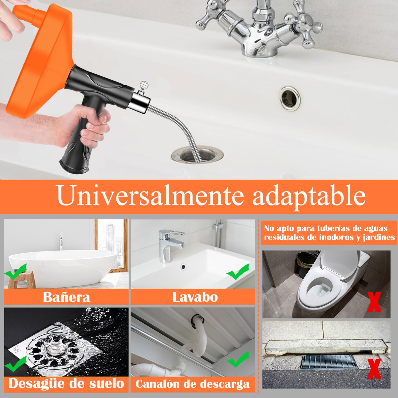 Desatascador Tuberias Profesional 10M, Desatascador de Tuberias con Cable Flexible de Acero, Serpiente Desatascadora para Fregadero, Ducha, Bañera, WC y Desagües, Elimina Atascos de Pelo y Suciedad