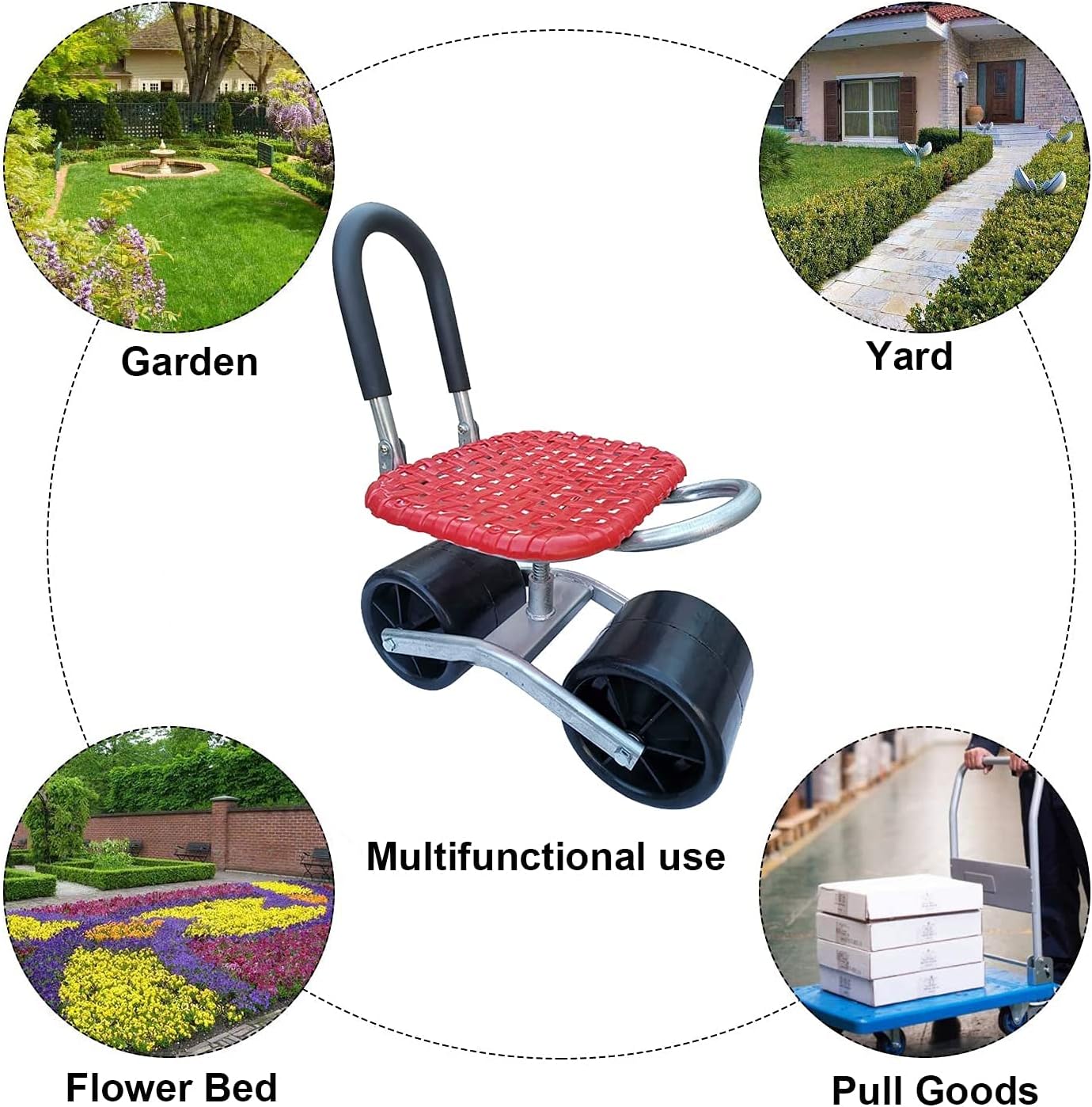 DELURA 360°Rotating Gardening Seat On Wheels, Adjustable Rolling Garden Cart with Seat, Aid Home & Garden Cart with Wheels for Gardener Planting