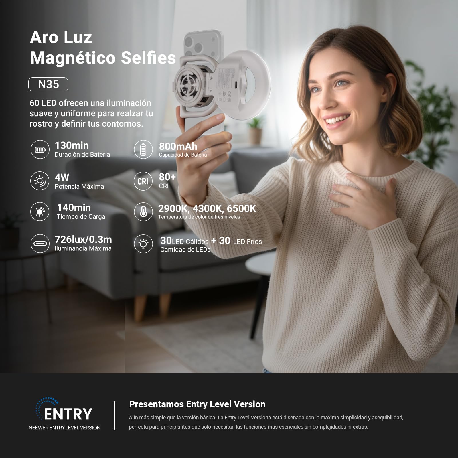 NEEWER Entry Level Version N36 Selfie Ring Light magnética y Enfriador móvil Compatible con MagSafe iPhone, pequeña luz de Relleno LED Plegable Bicolor 4 W 800 mAh CRI80+ para vídeo Maquillaje